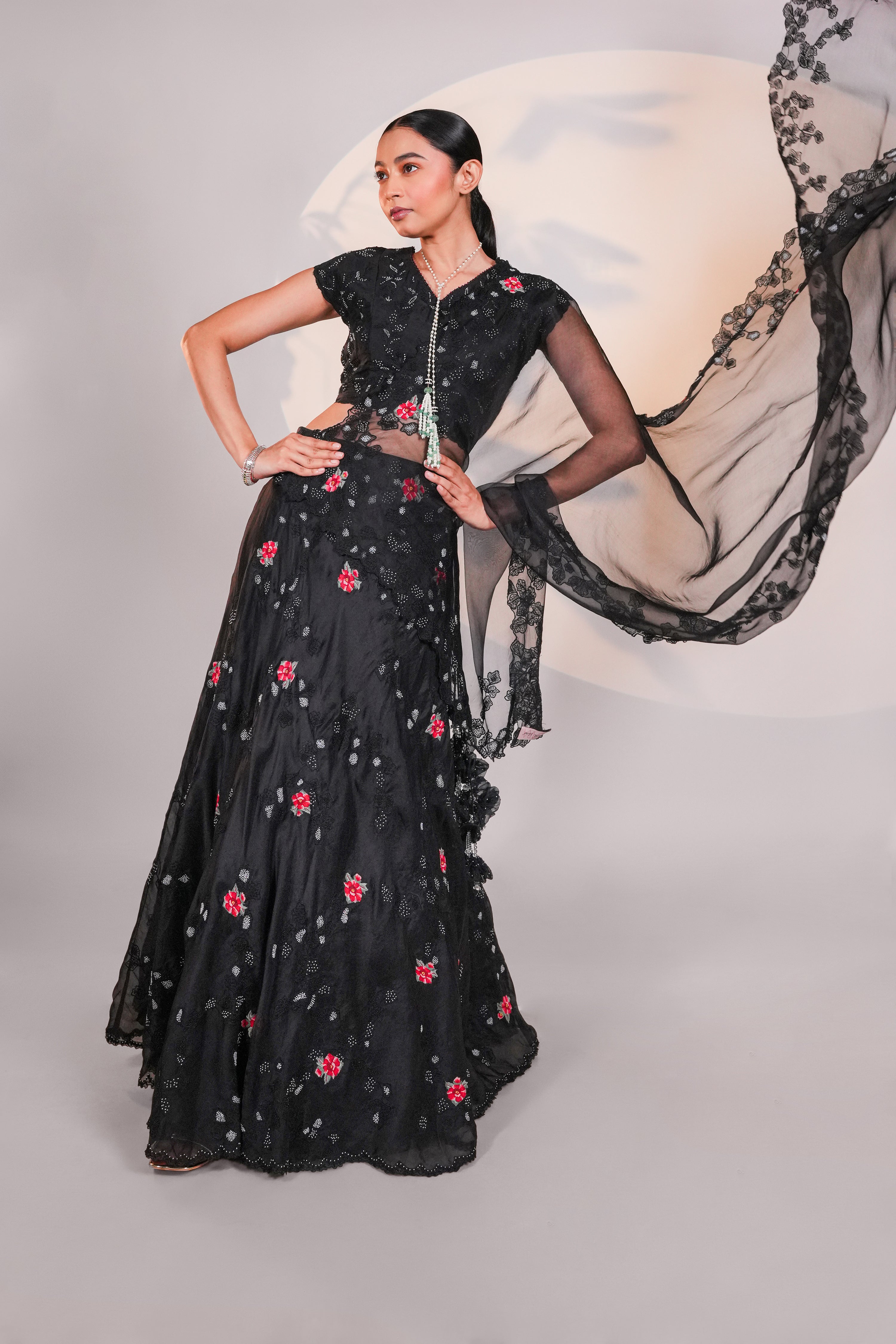 Black Dancing Daisies Organza Lehenga Set