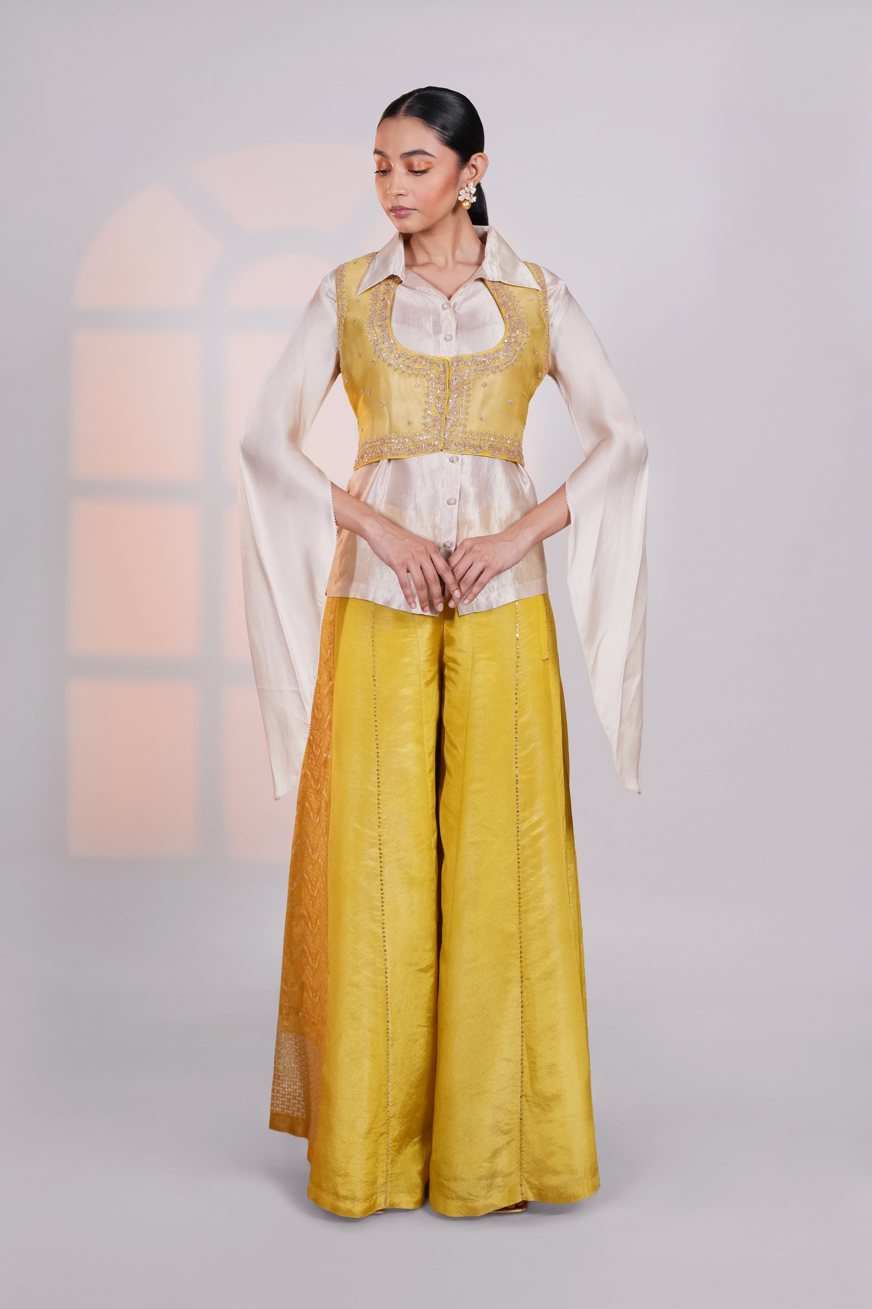 Yellow Brocade Panel Pant Set