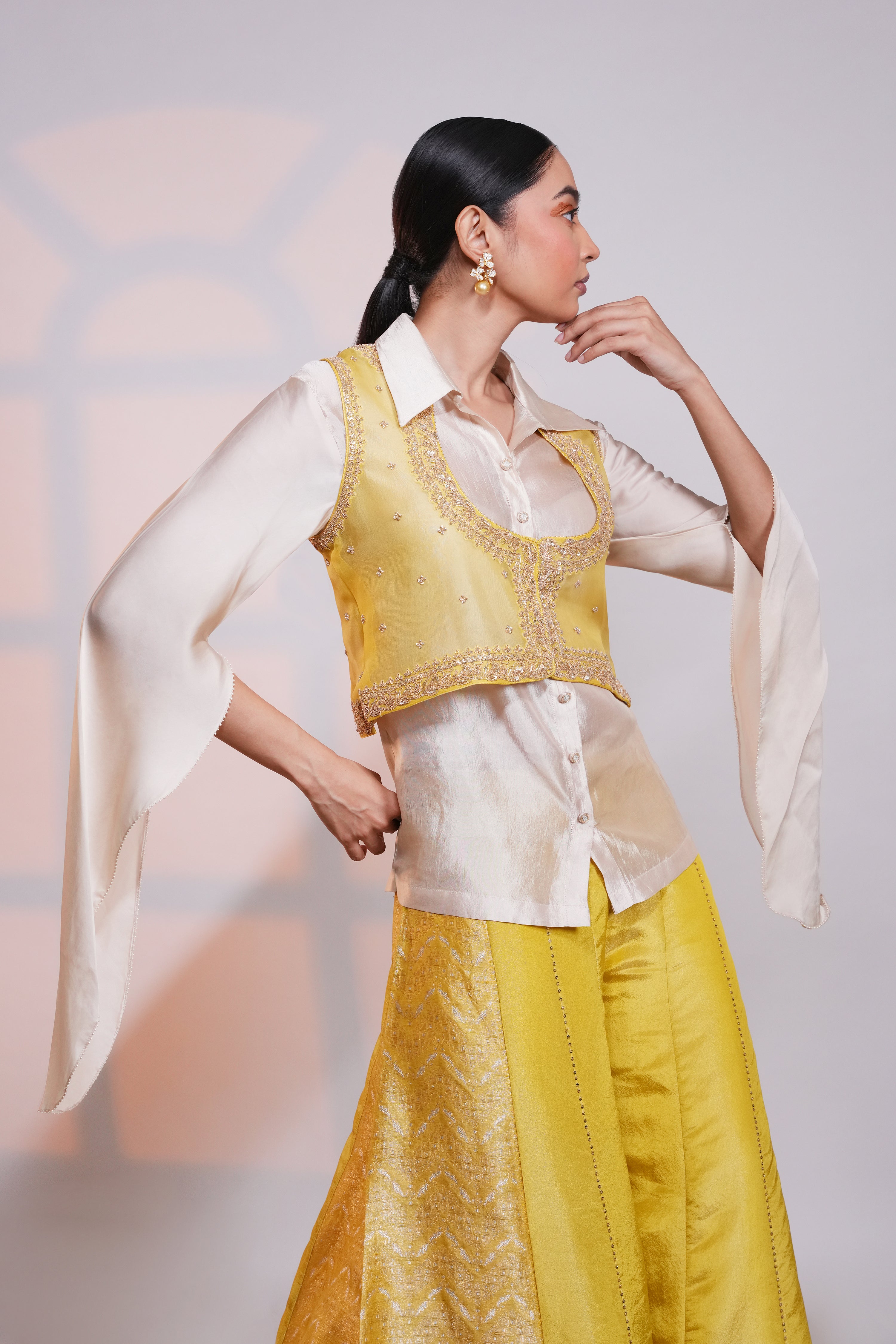 Yellow Brocade Panel Pant Set