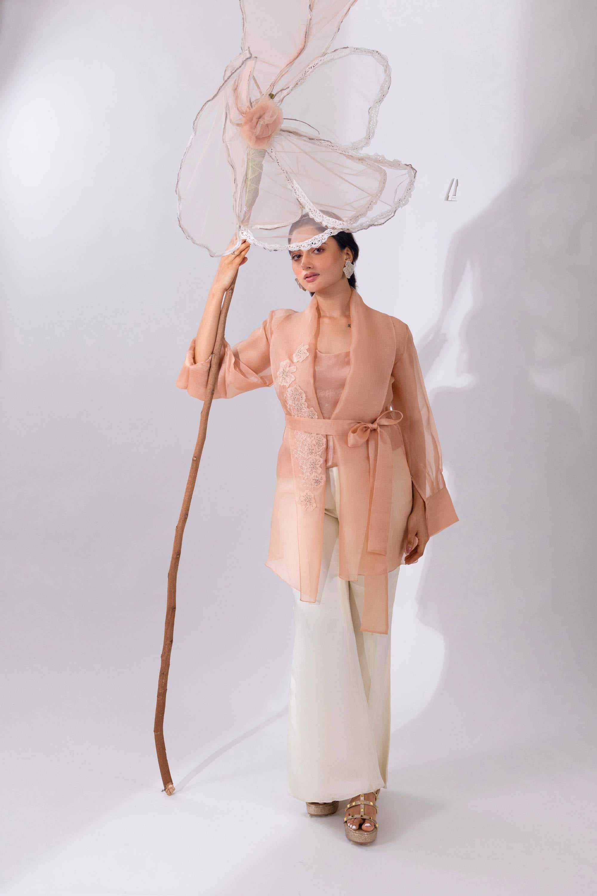 Peach Overlay Organza Jacket With Pant