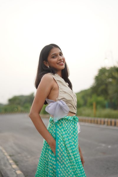 Green Bandhej Skirt With Blouse