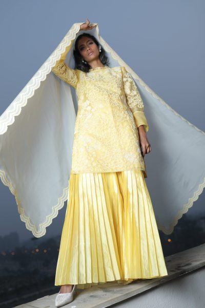 Yellow Organza Kurta With Pant and Dupatta