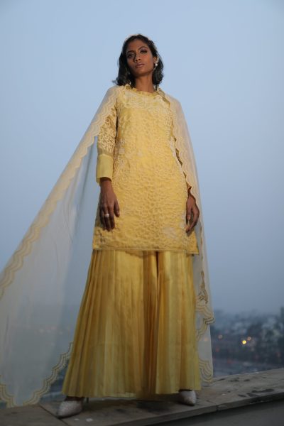 Yellow Organza Kurta With Pant and Dupatta