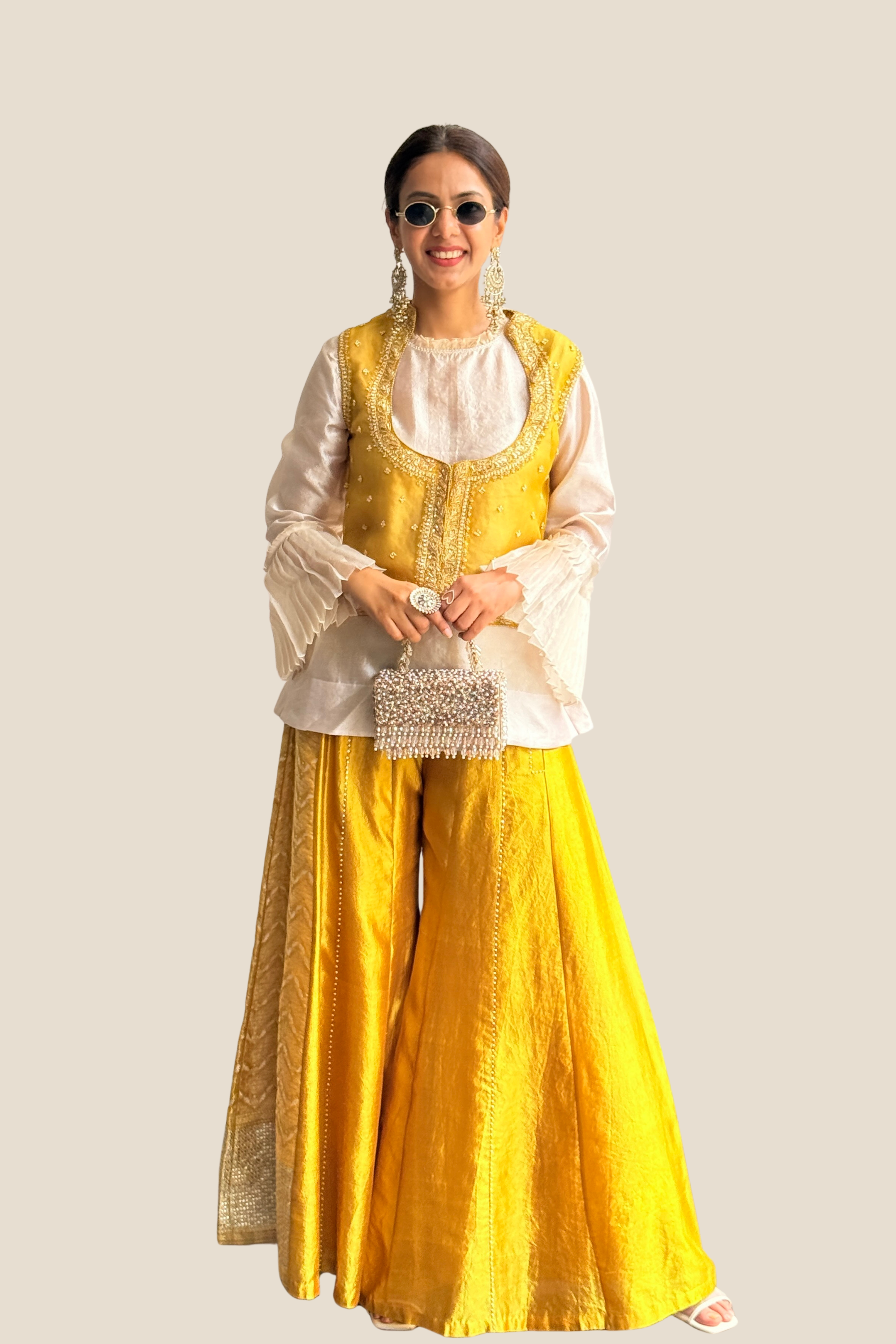 Yellow Brocade Pant with Koti and Shirt