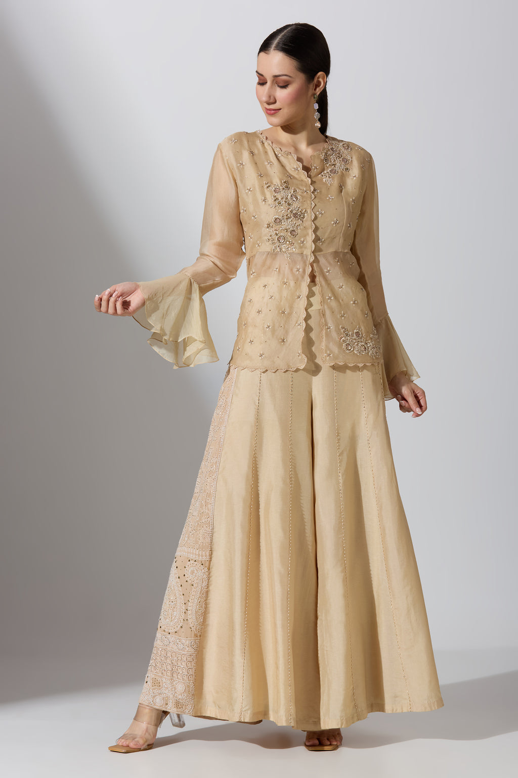 Peach Chikan Pant With Top