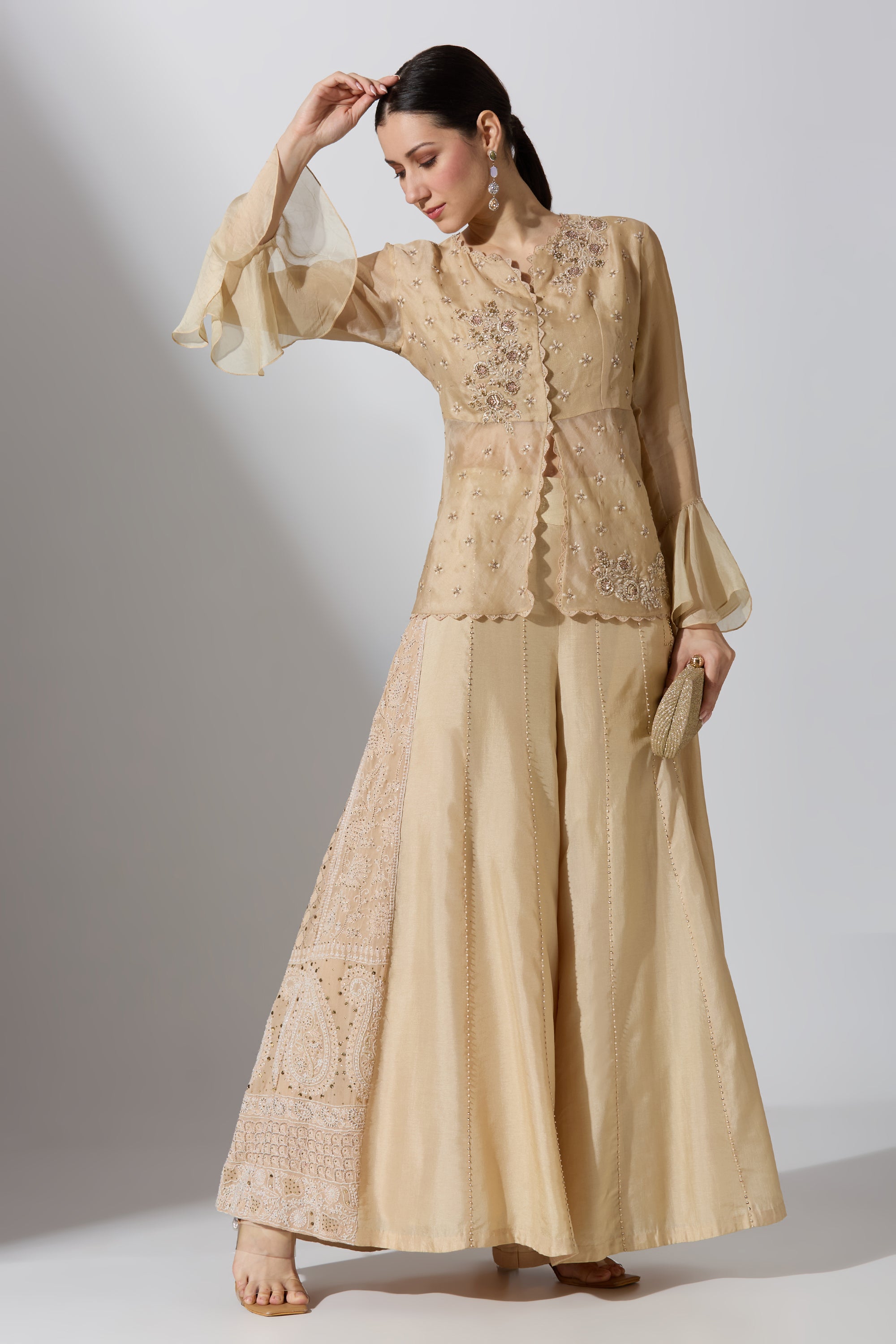 Peach Chikan Pant With Top