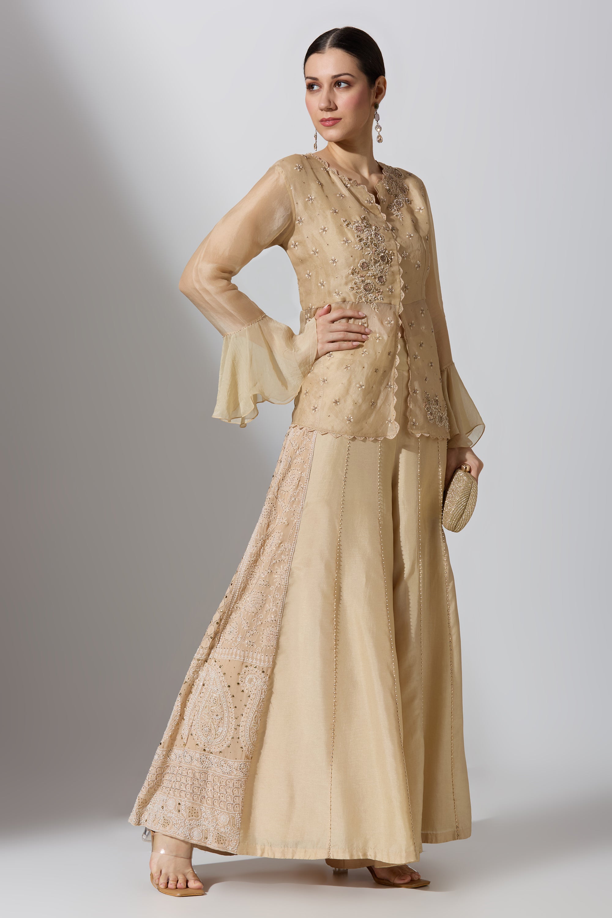 Peach Chikan Pant With Top