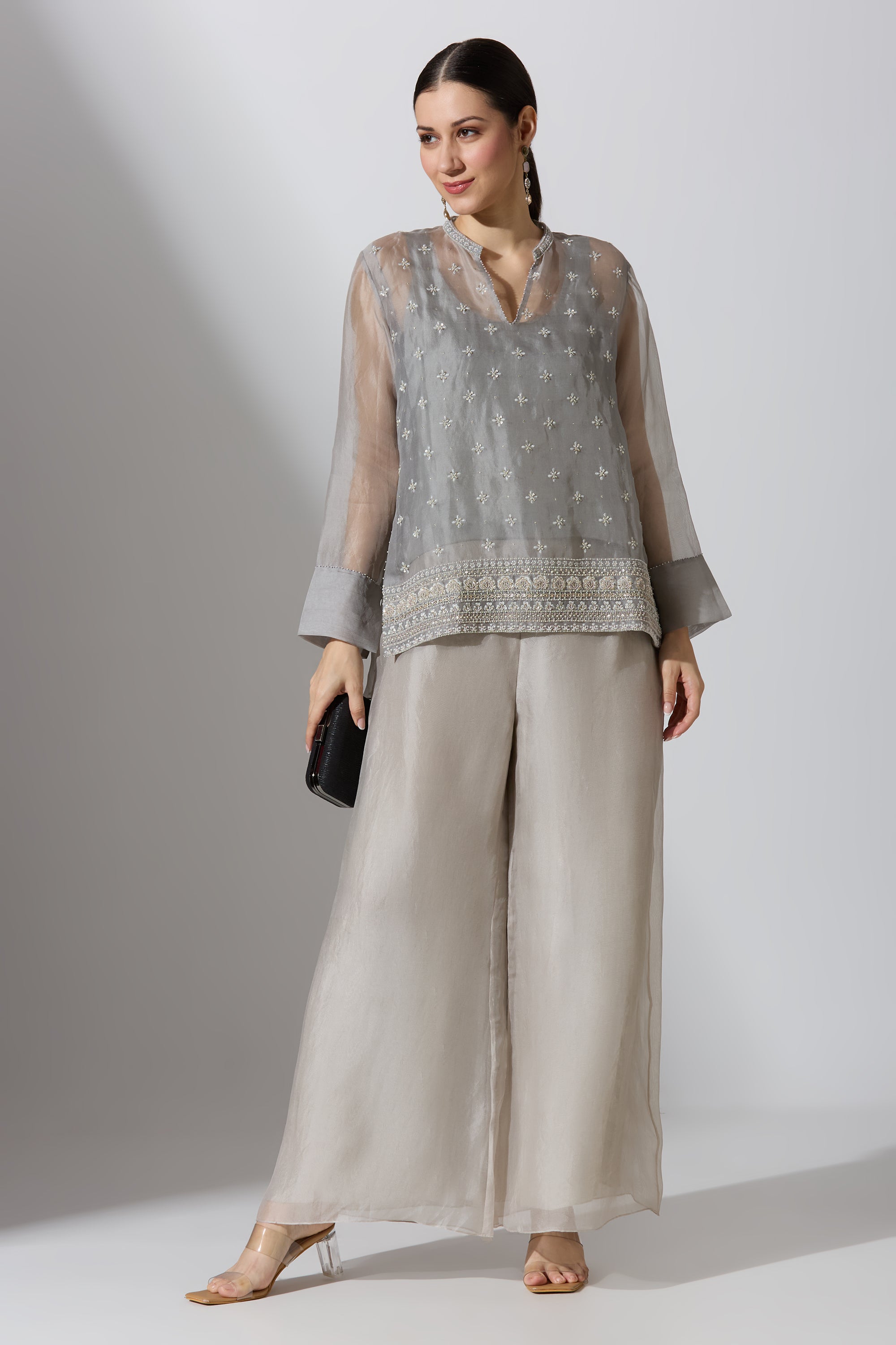 Grey Organza Shirt With Pant