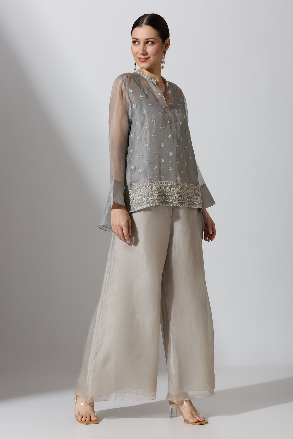 Grey Organza Shirt With Pant