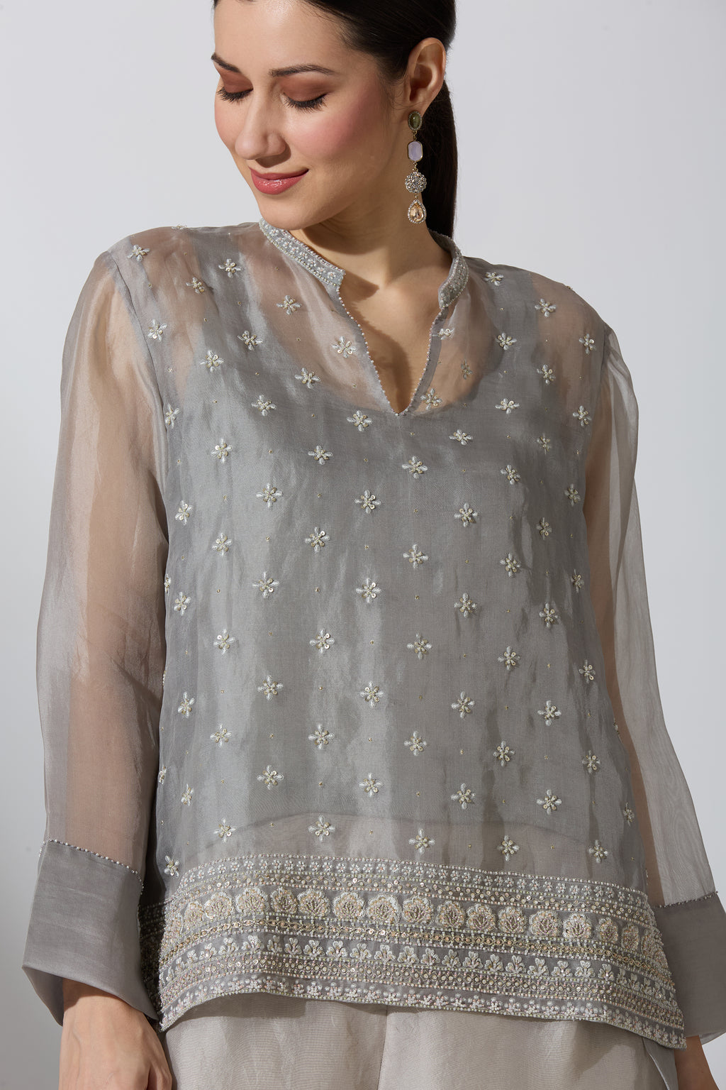 Grey Organza Shirt With Pant