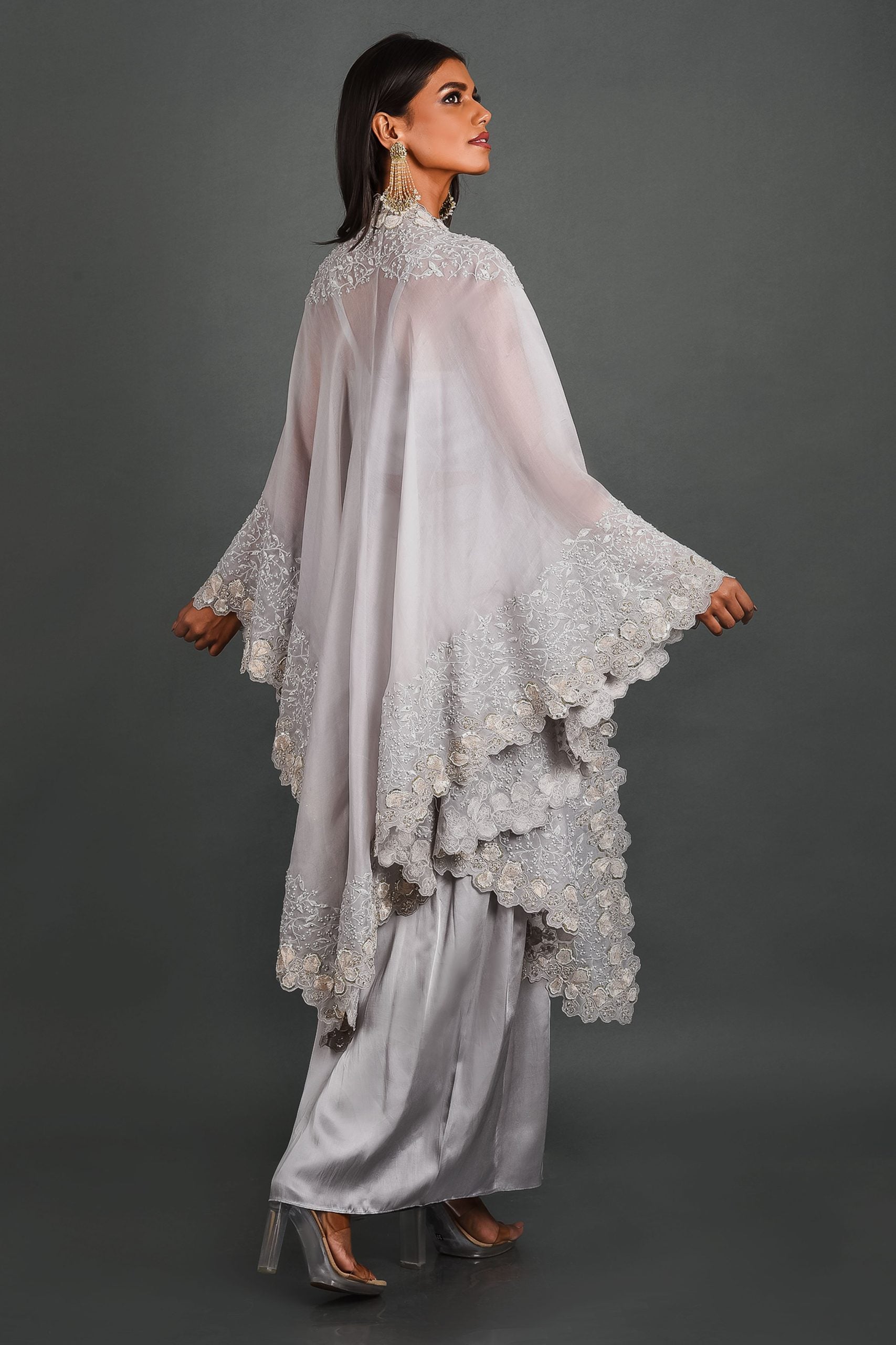 Dark Lime Organza Cape With Pant and Bustier