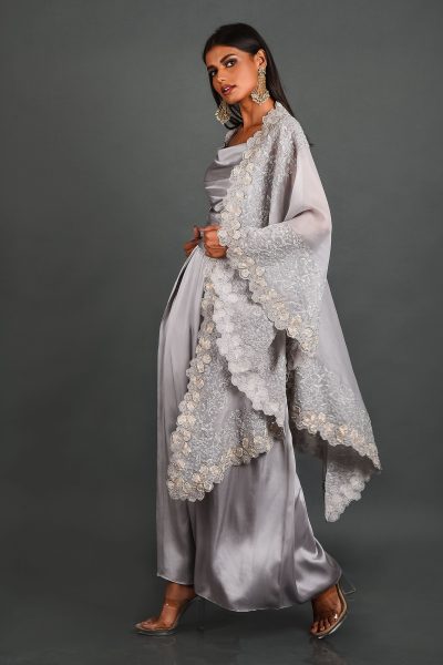 Dark Lime Organza Cape With Pant and Bustier