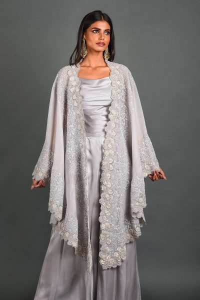 Dark Lime Organza Cape With Pant and Bustier