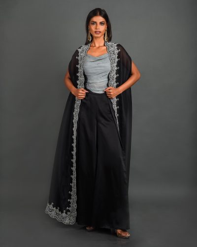 Black Organza Cape With Pant and Bustier