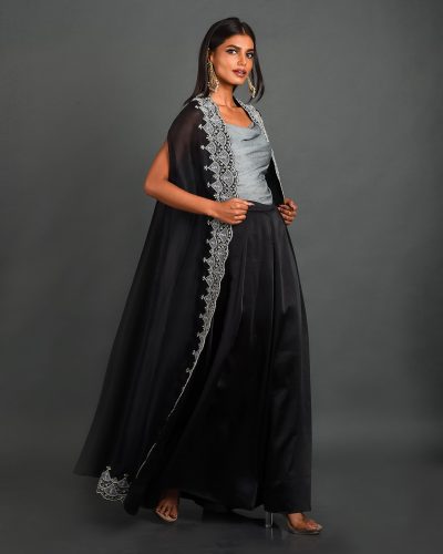 Black Organza Cape With Pant and Bustier