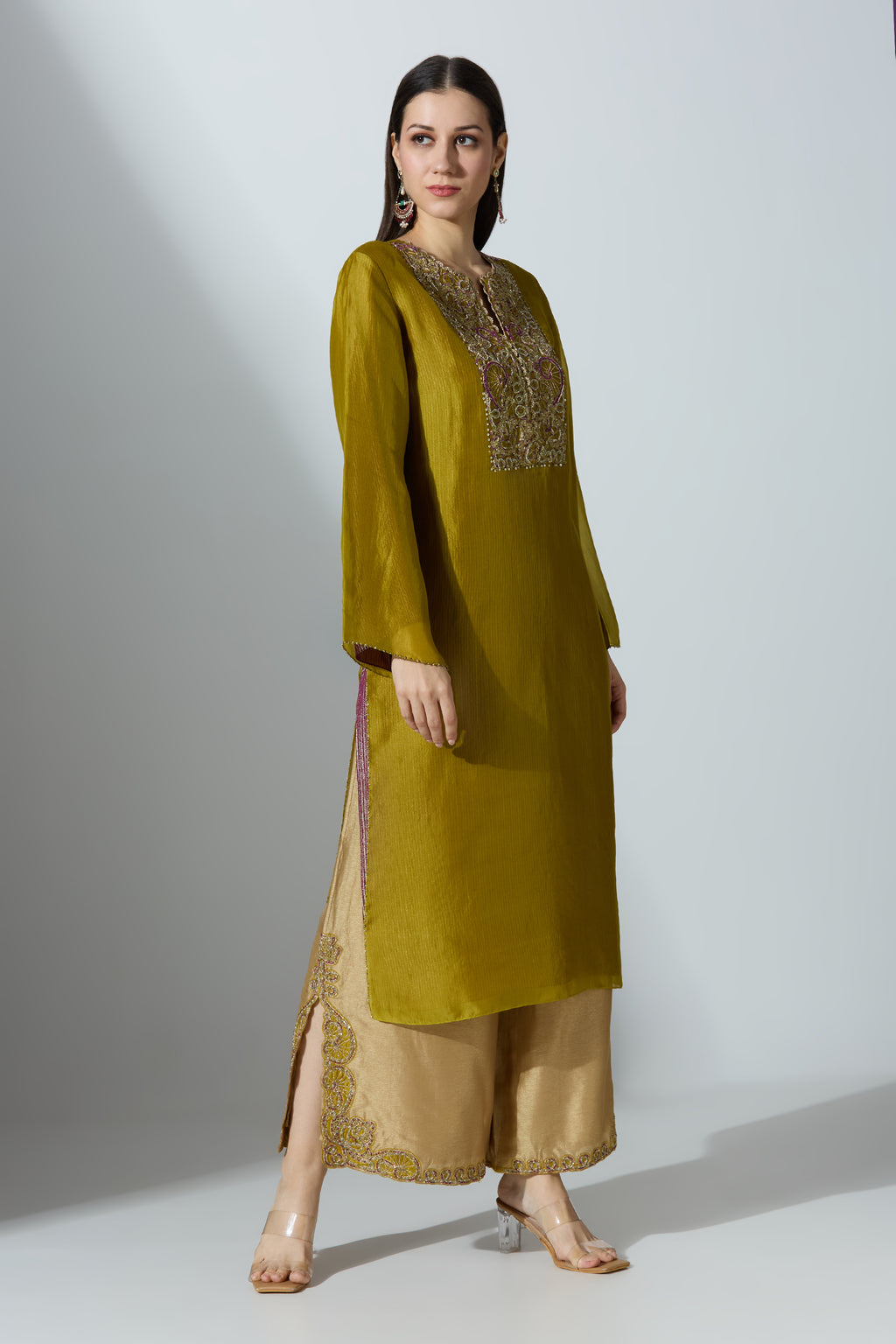Beige Tissue Kurta Set With Pant and Dupatta