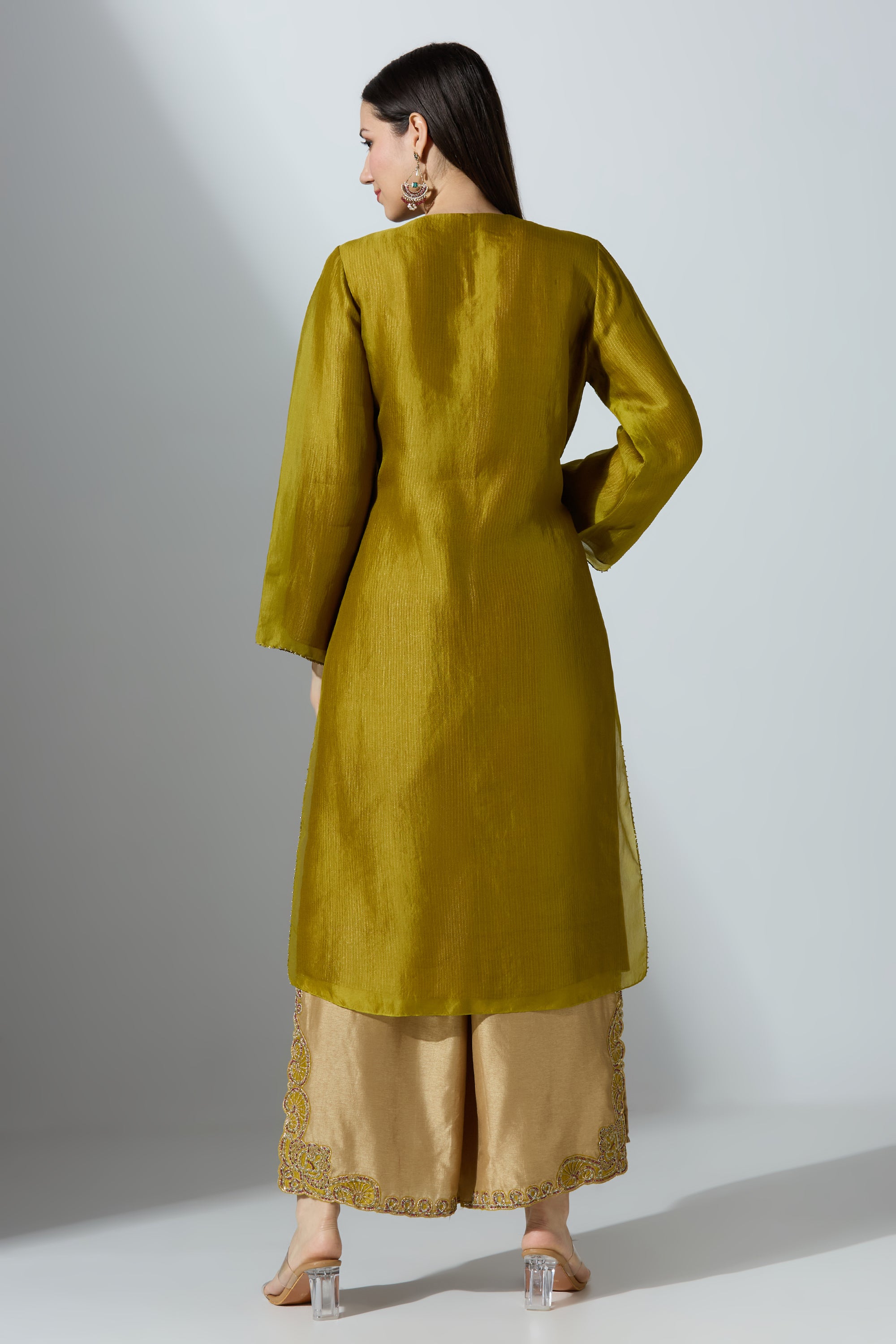 Beige Tissue Kurta Set With Pant and Dupatta