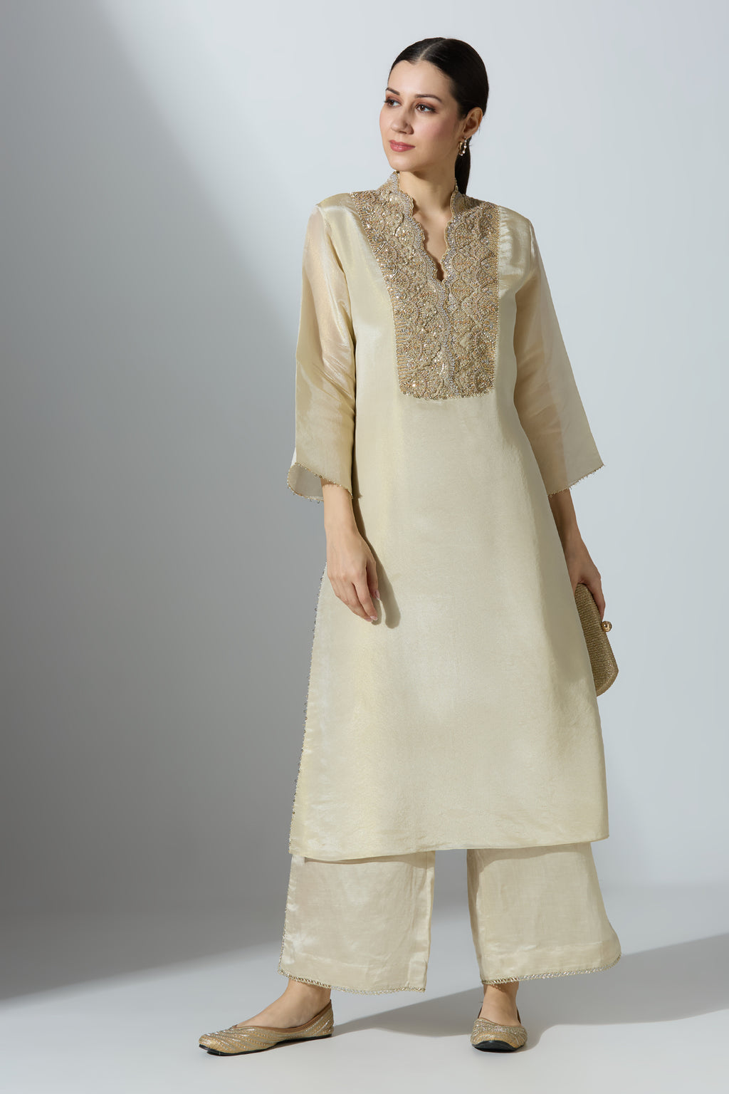 Beige Tissue Kurta Set With Pant