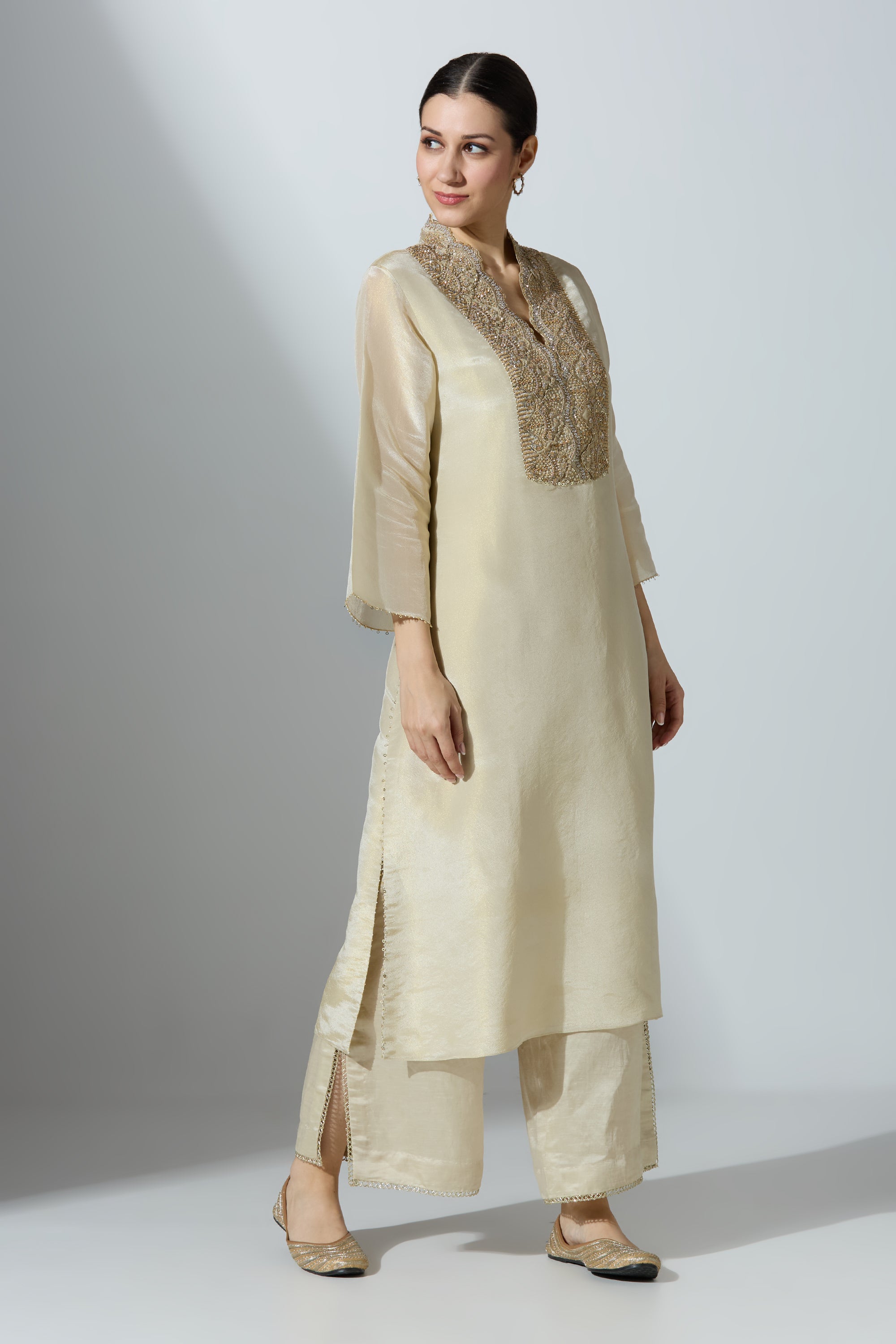 Beige Tissue Kurta Set With Pant