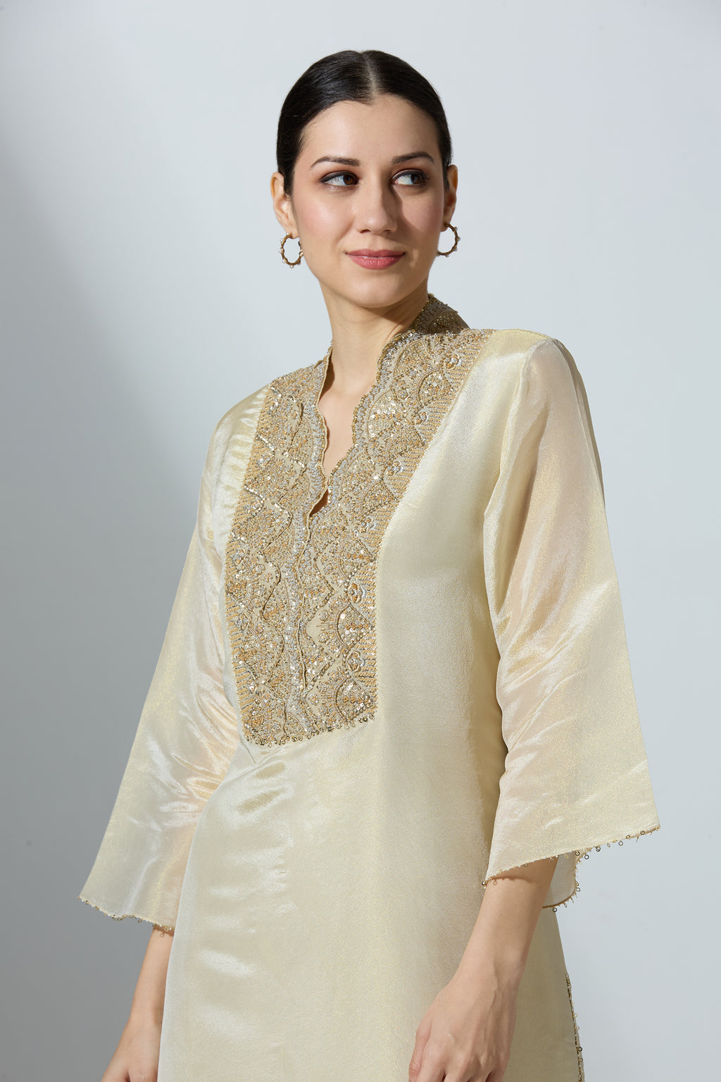 Beige Tissue Kurta Set With Pant
