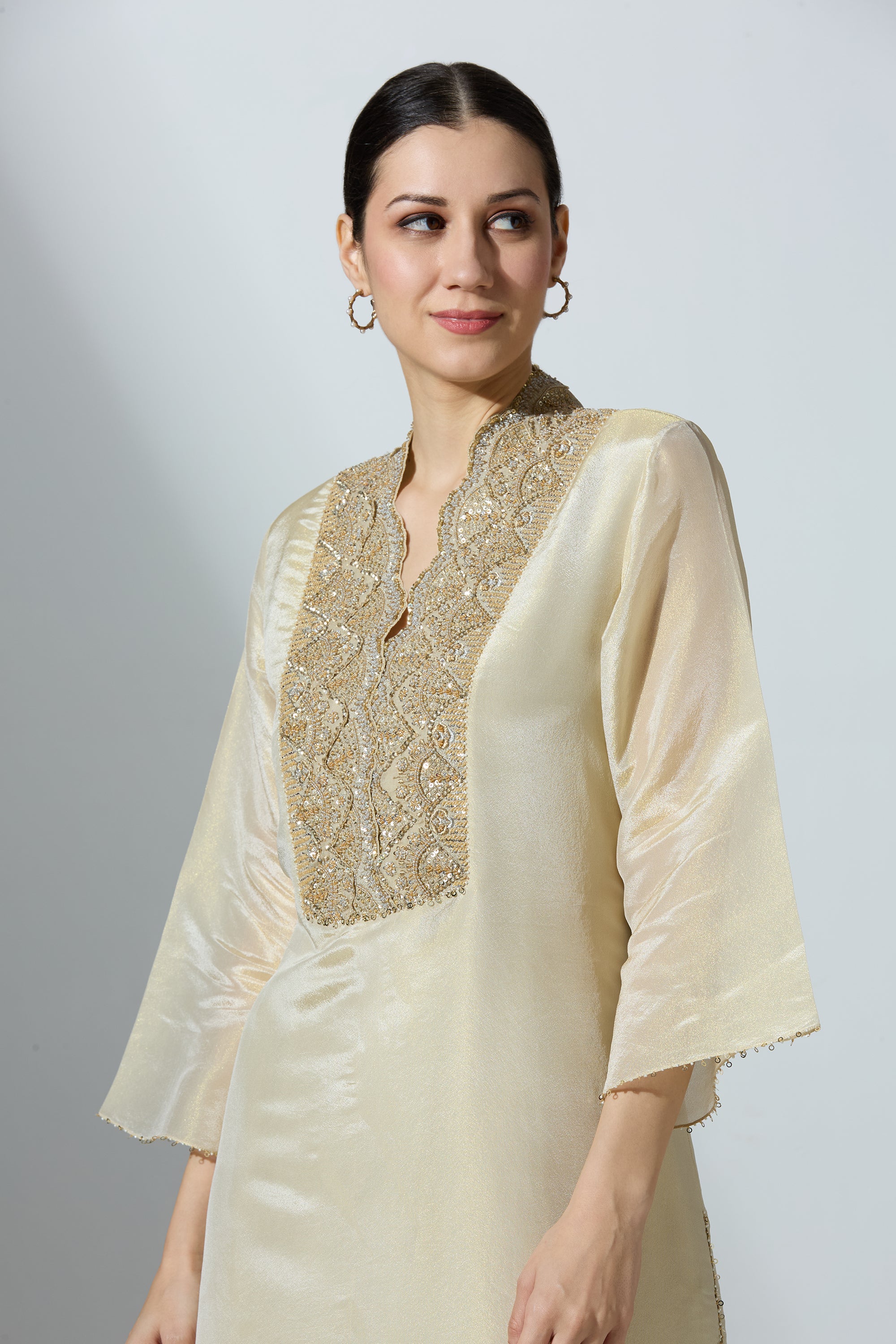 Beige Tissue Kurta Set With Pant