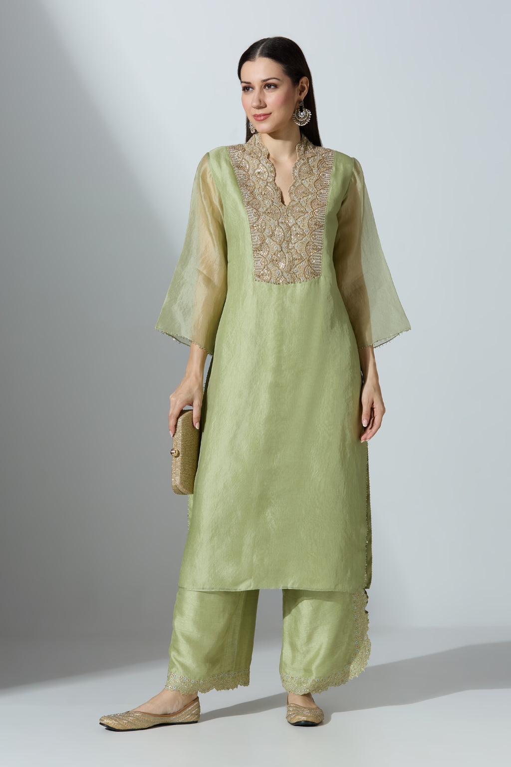 Green Organza Kurta Set With Pant