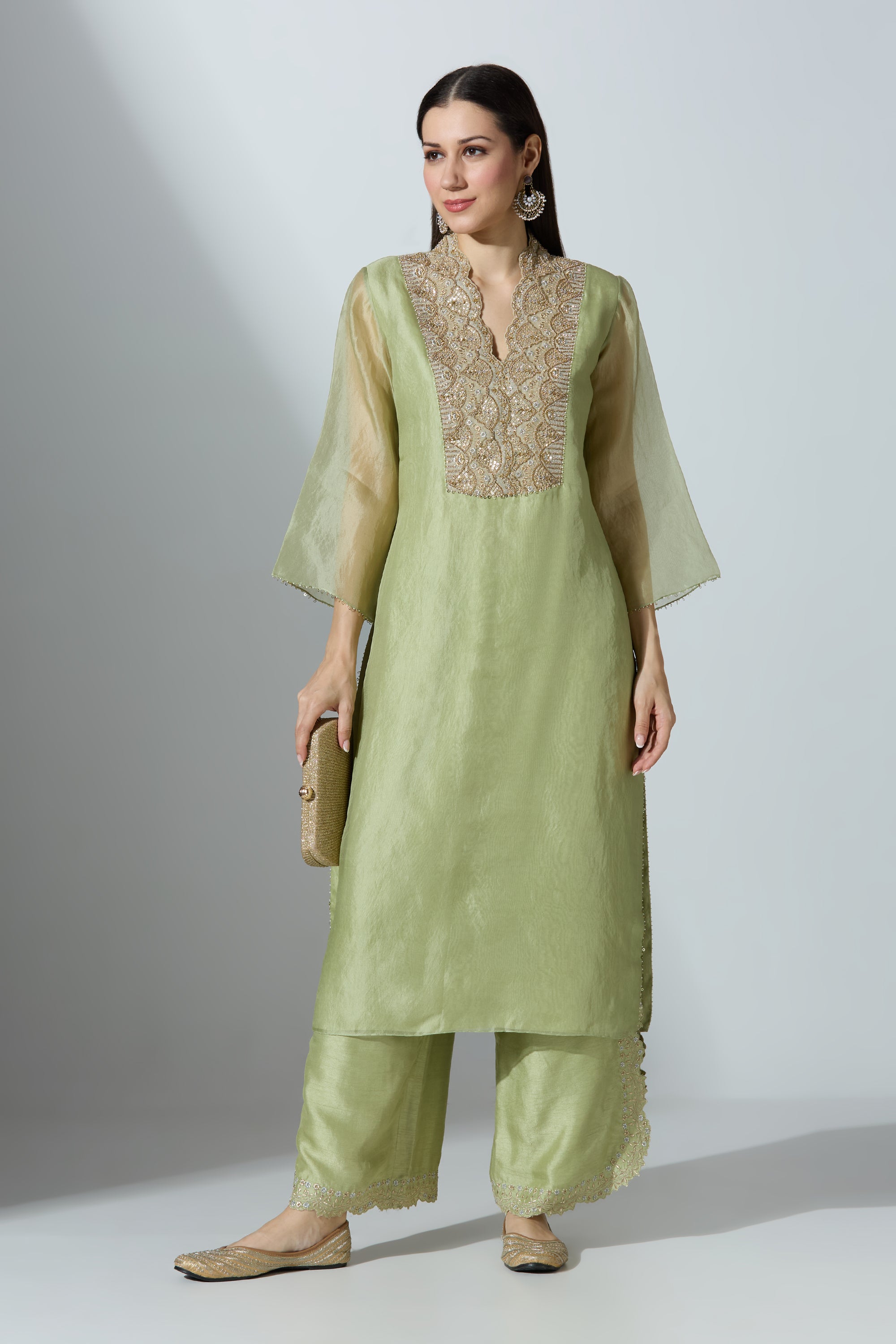Green Organza Kurta Set With Pant