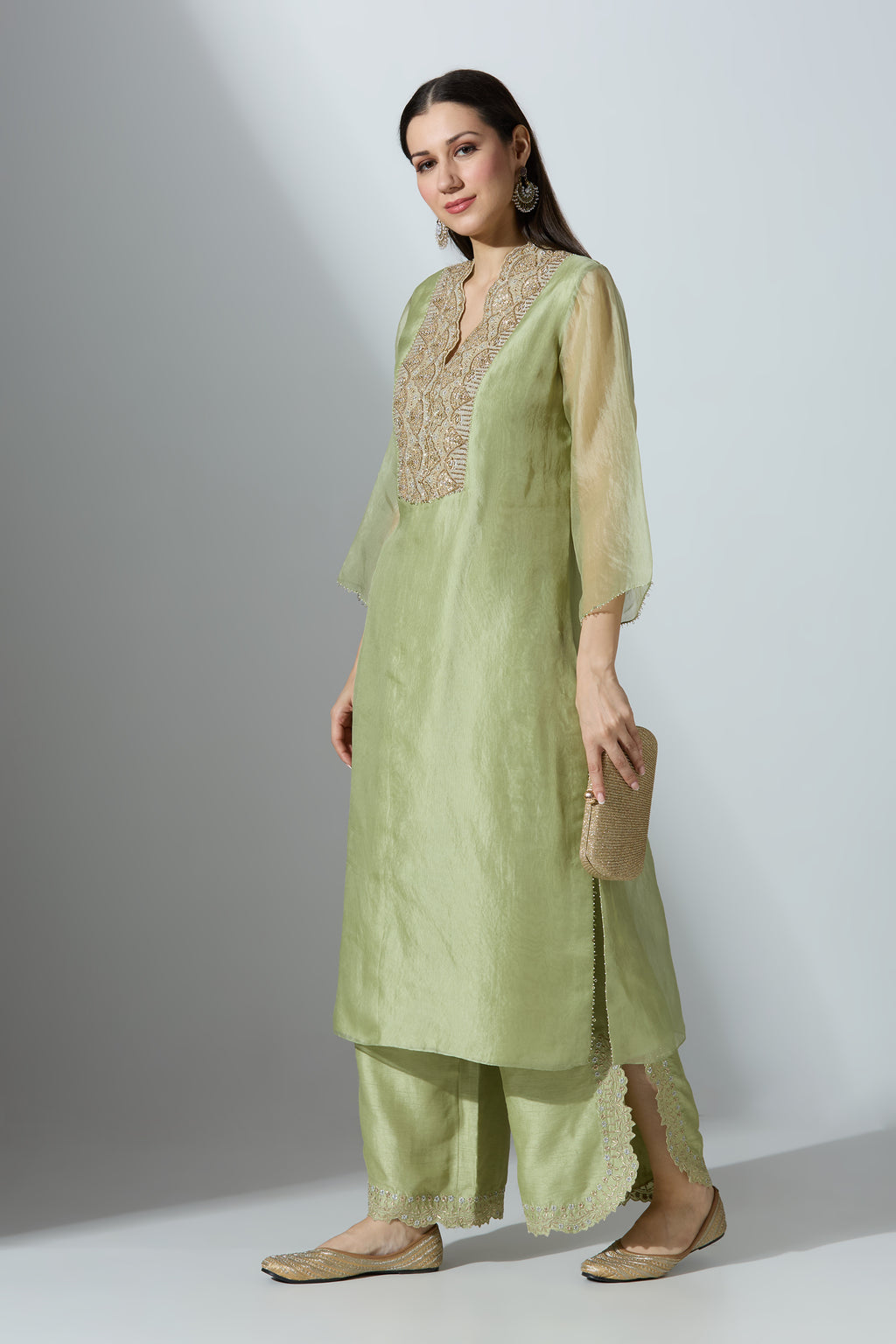 Green Organza Kurta Set With Pant