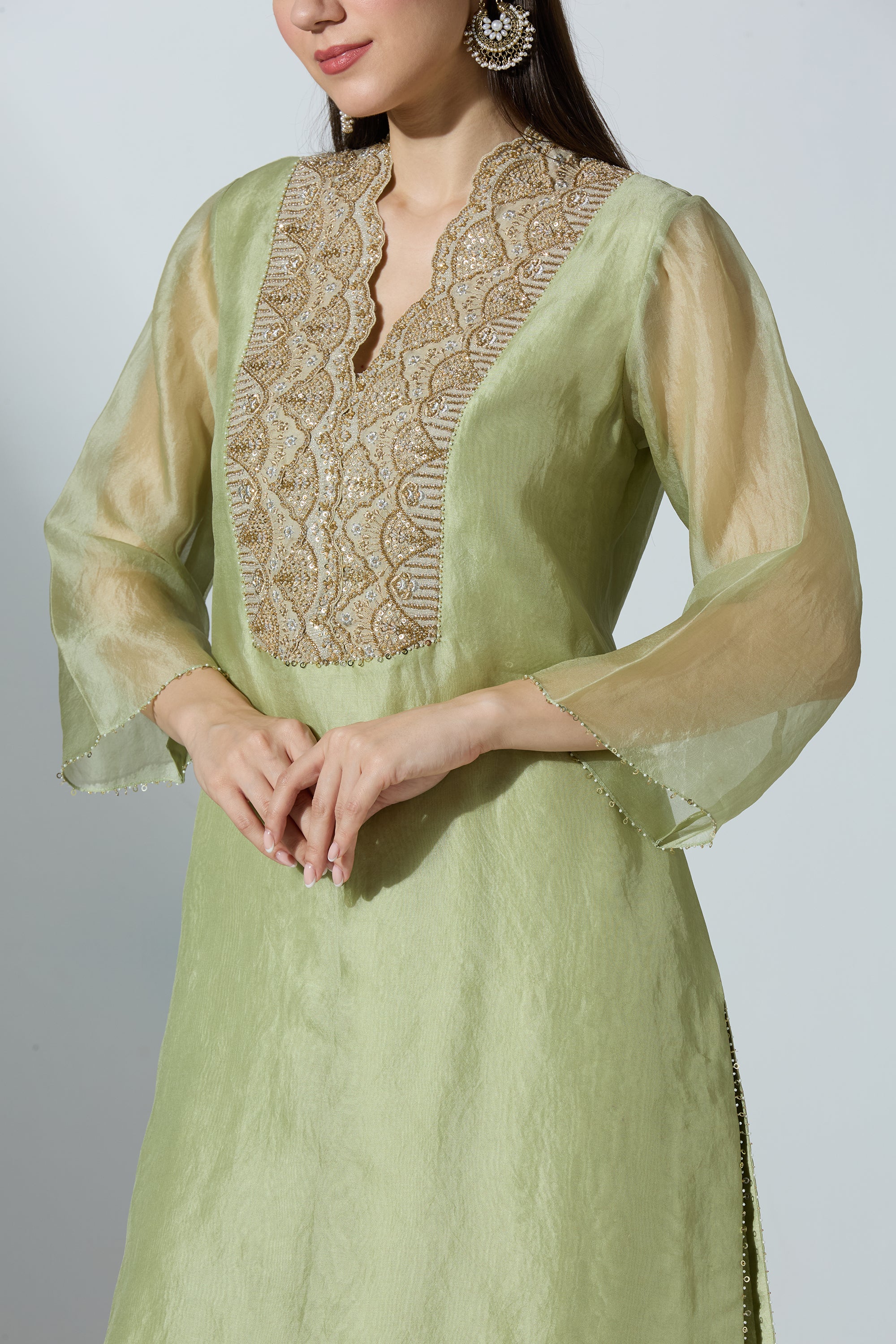 Green Organza Kurta Set With Pant