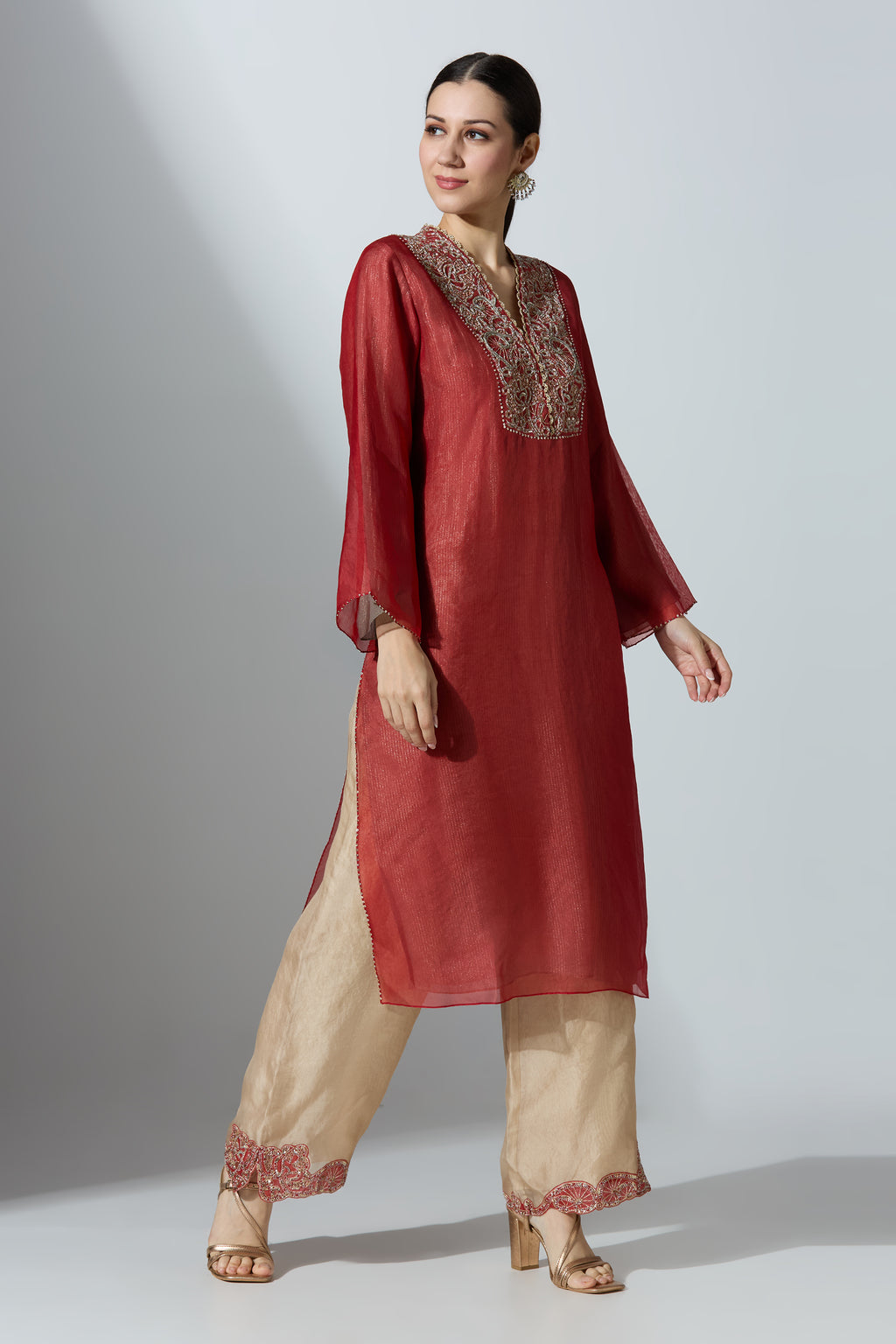 Red Overlap Yoke Organza Kurta Set With Pant