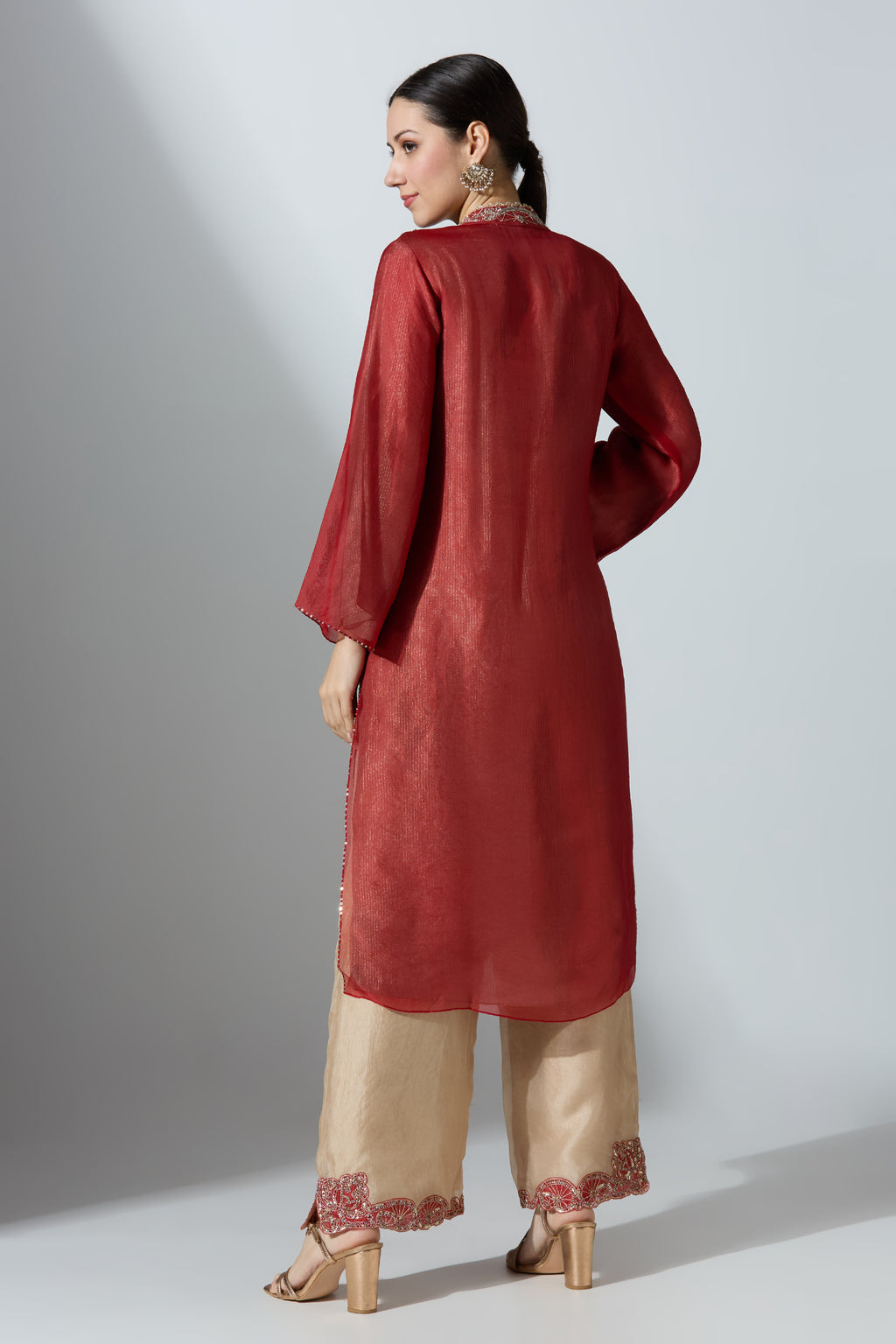 Red Overlap Yoke Organza Kurta Set With Pant