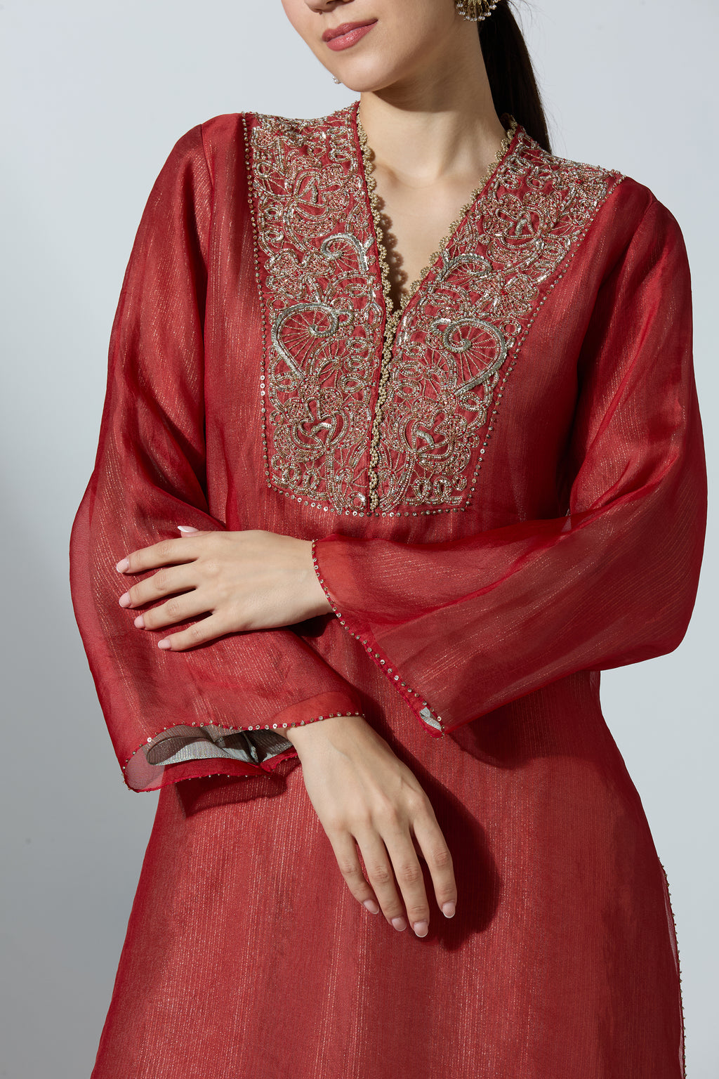Red Overlap Yoke Organza Kurta Set With Pant