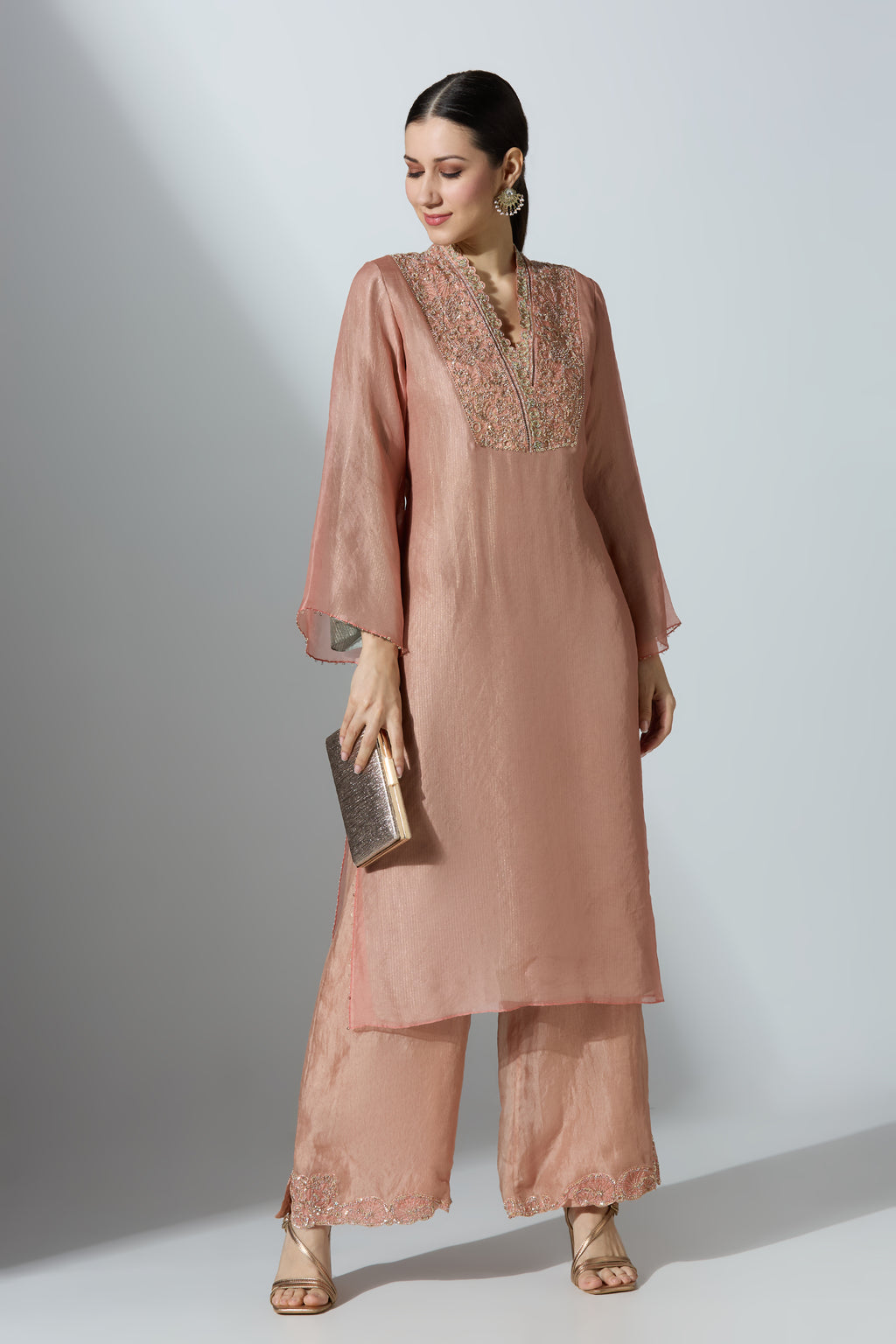 Peach Overlap Yoke Organza Kurta Set With Pant