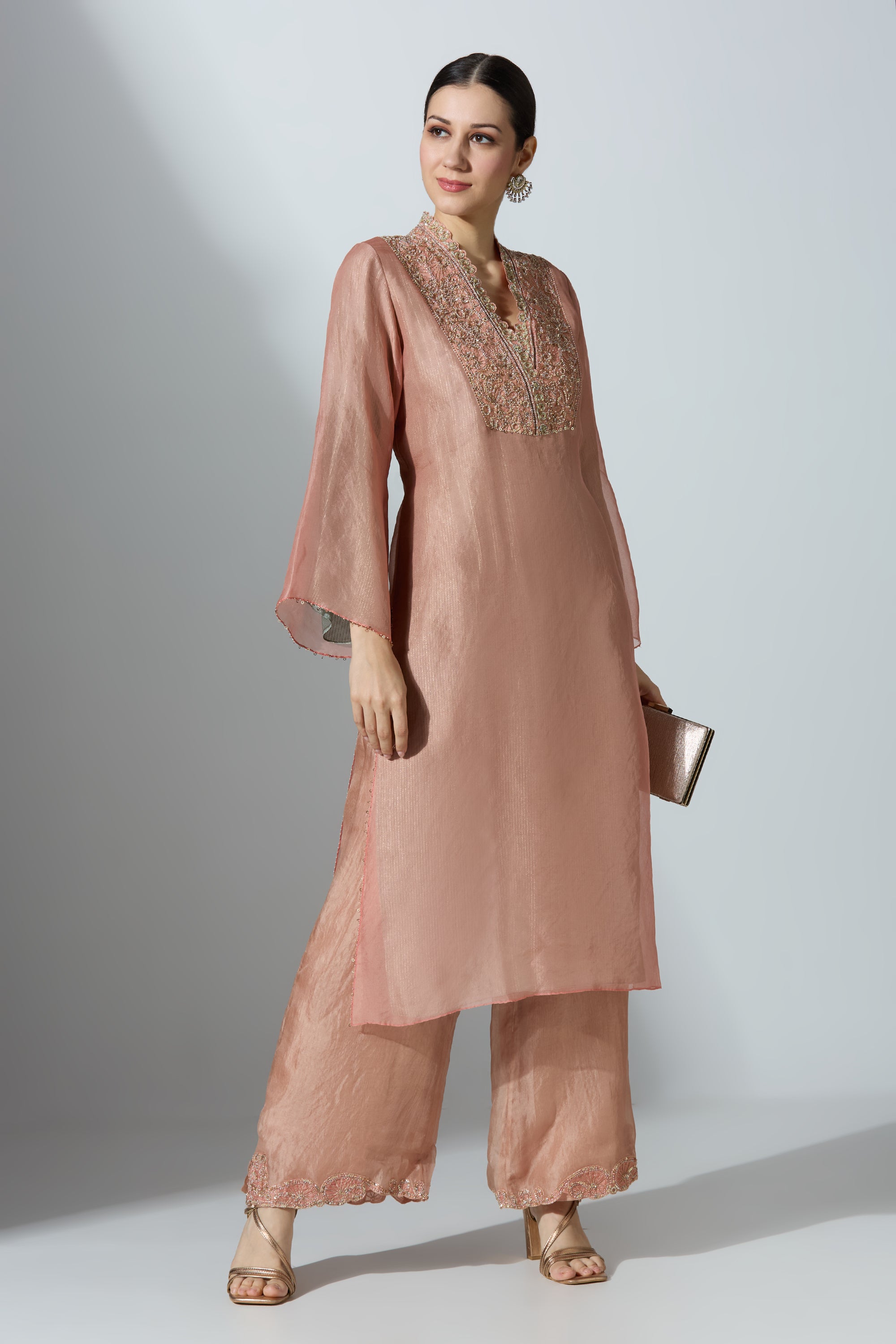Peach Overlap Yoke Organza Kurta Set With Pant