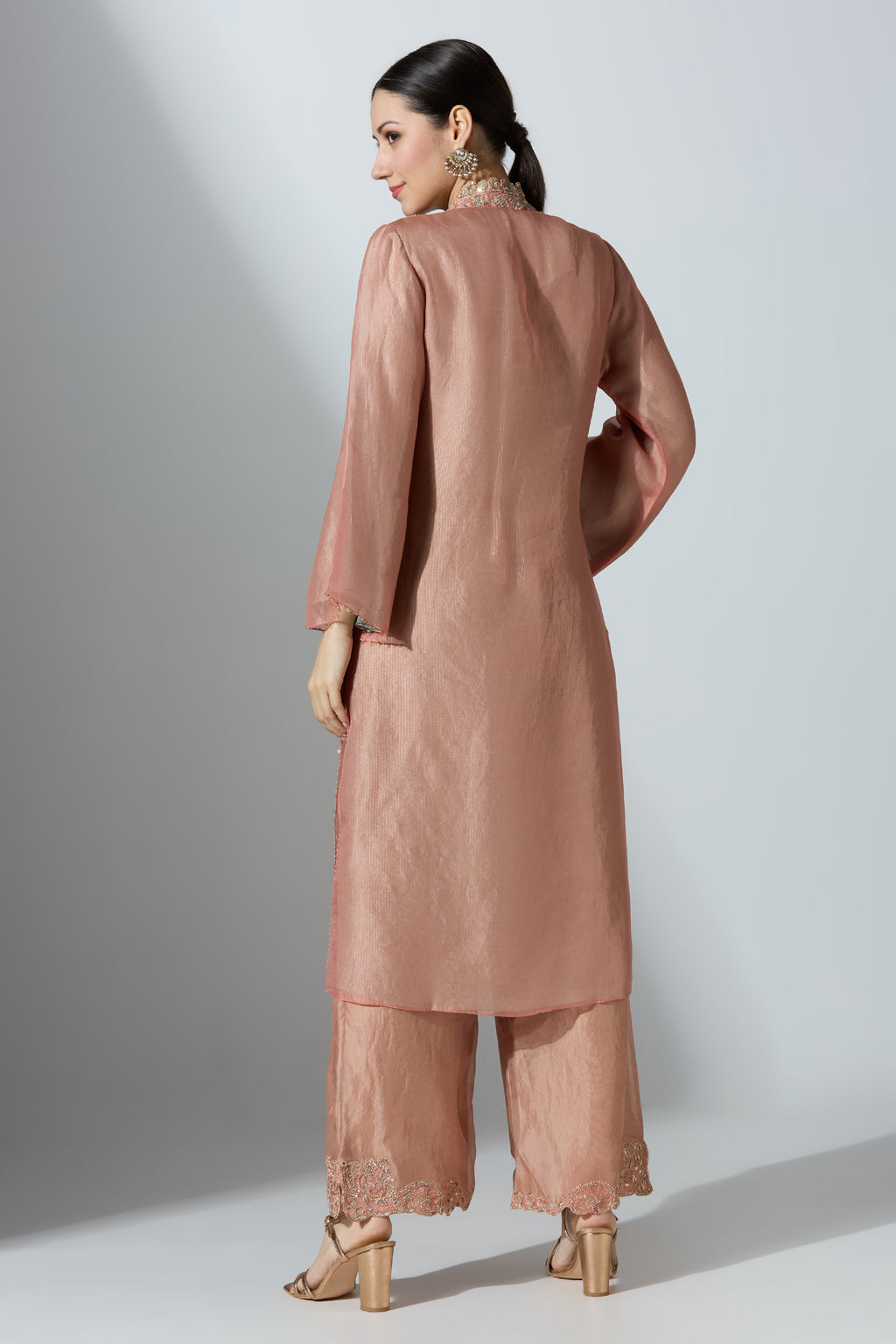 Peach Overlap Yoke Organza Kurta Set With Pant