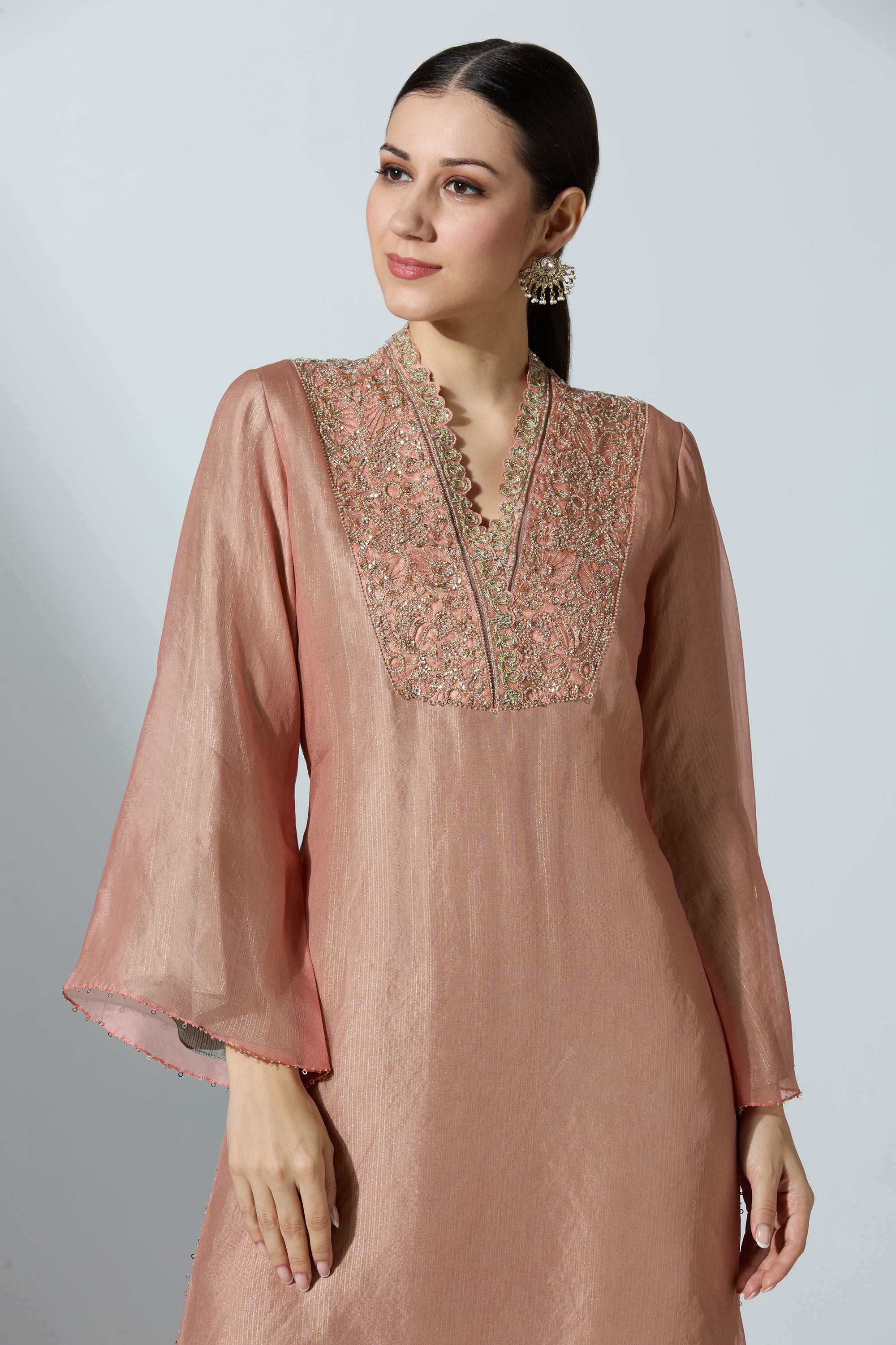 Peach Overlap Yoke Organza Kurta Set With Pant