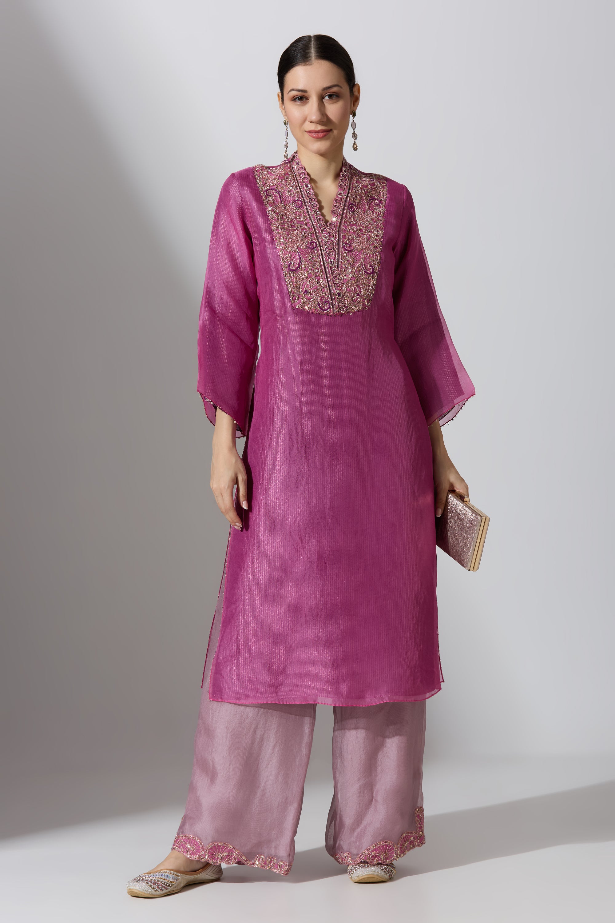 Purple Overlap Yoke Organza Kurta Set With Pant