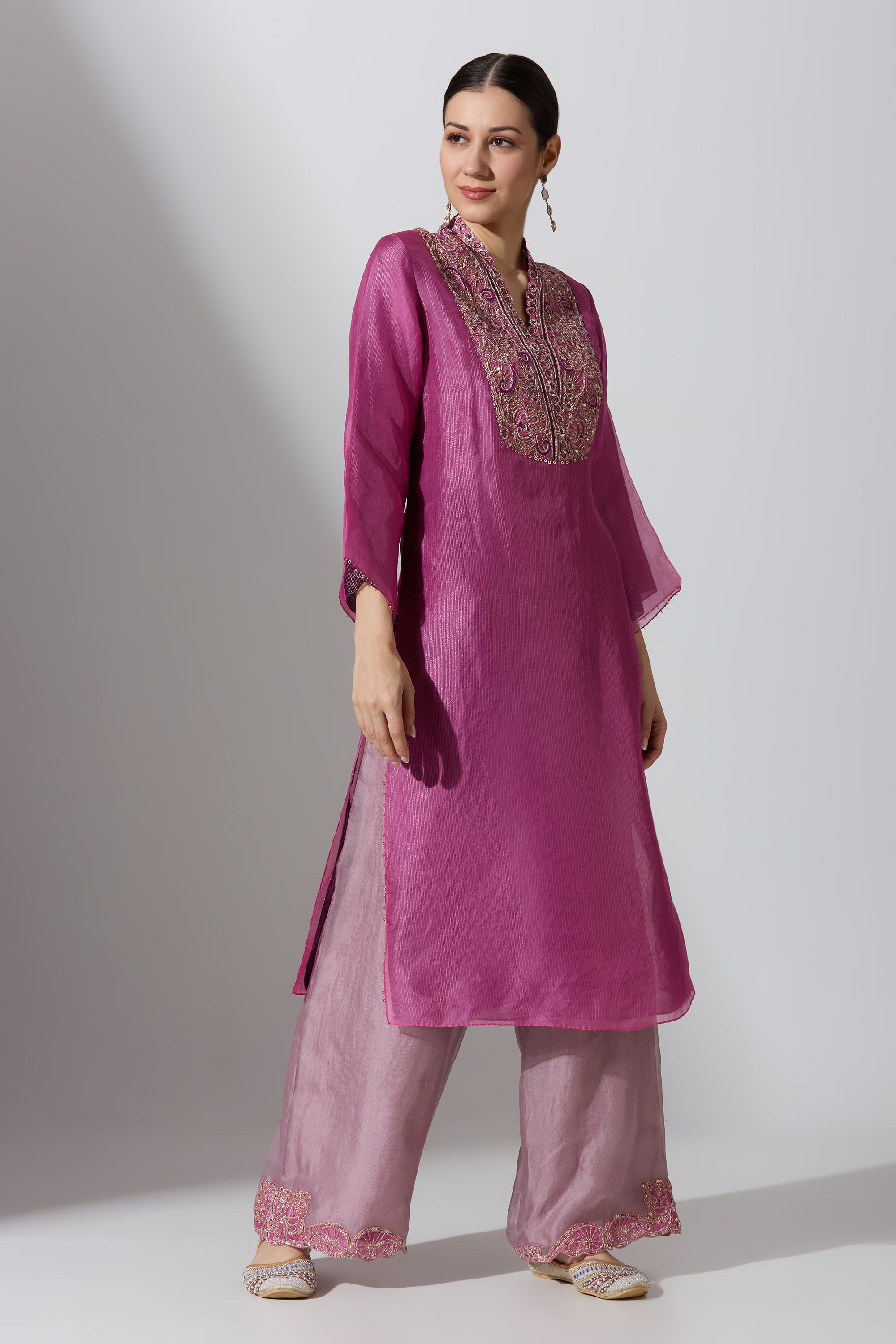 Purple Overlap Yoke Organza Kurta Set With Pant