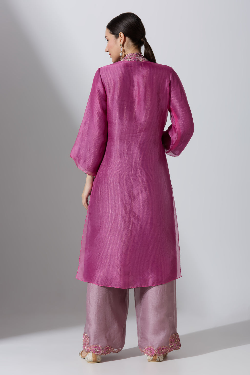 Purple Overlap Yoke Organza Kurta Set With Pant