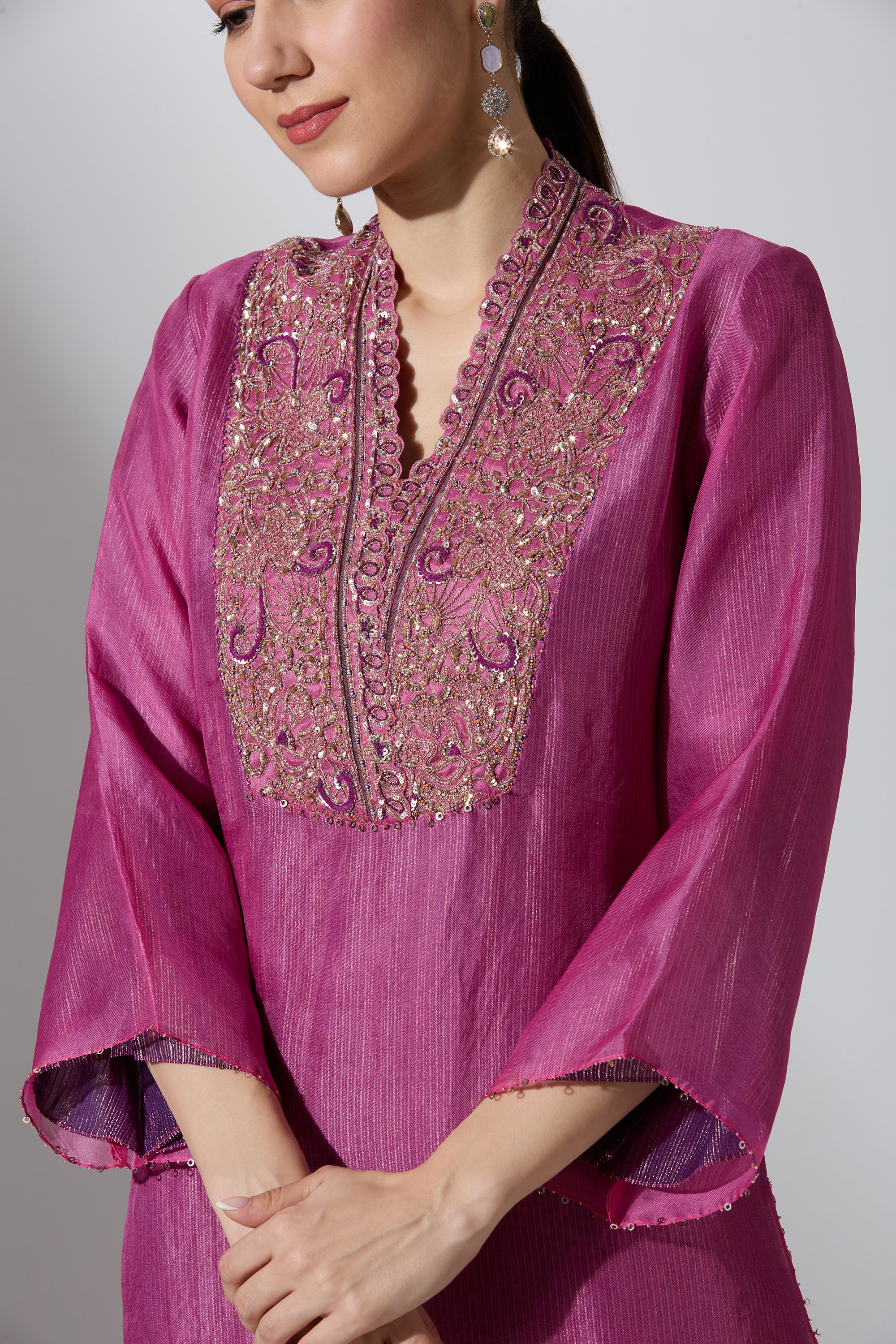 Purple Overlap Yoke Organza Kurta Set With Pant