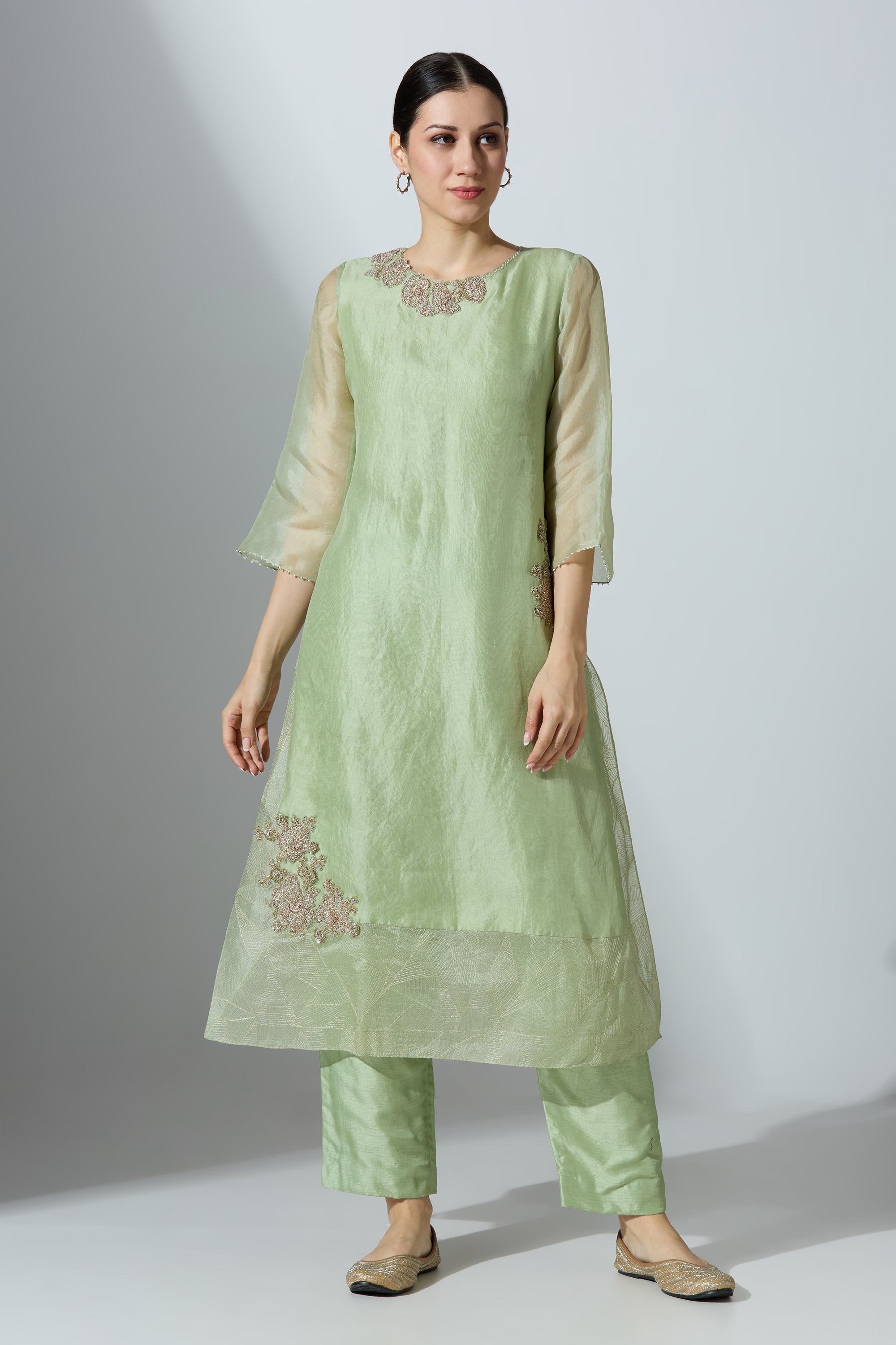 Green Extended Ghera Organza Kurta Set With Pant