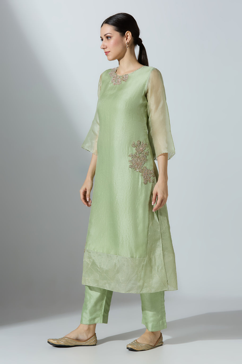 Green Extended Ghera Organza Kurta Set With Pant