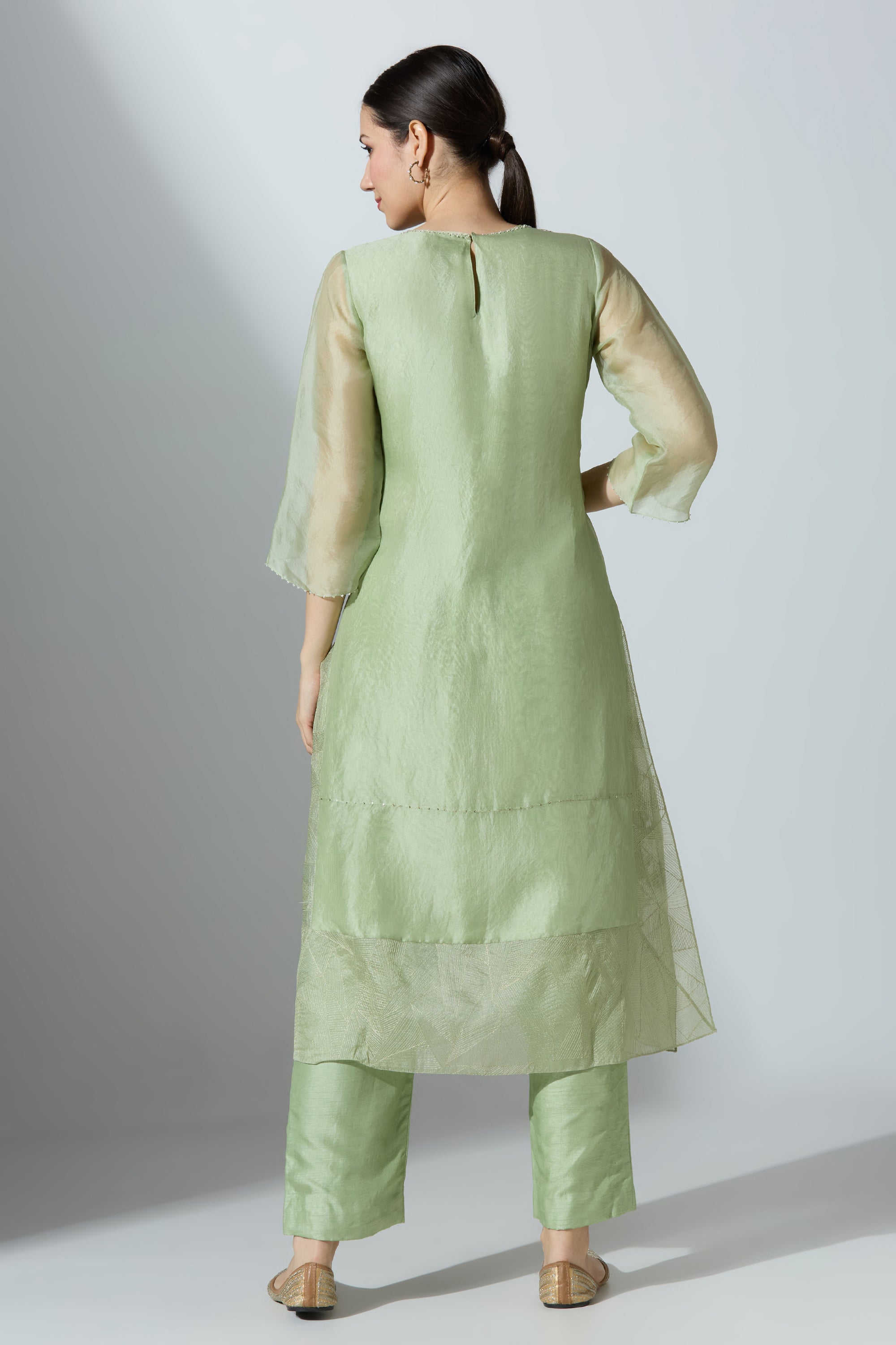 Green Extended Ghera Organza Kurta Set With Pant