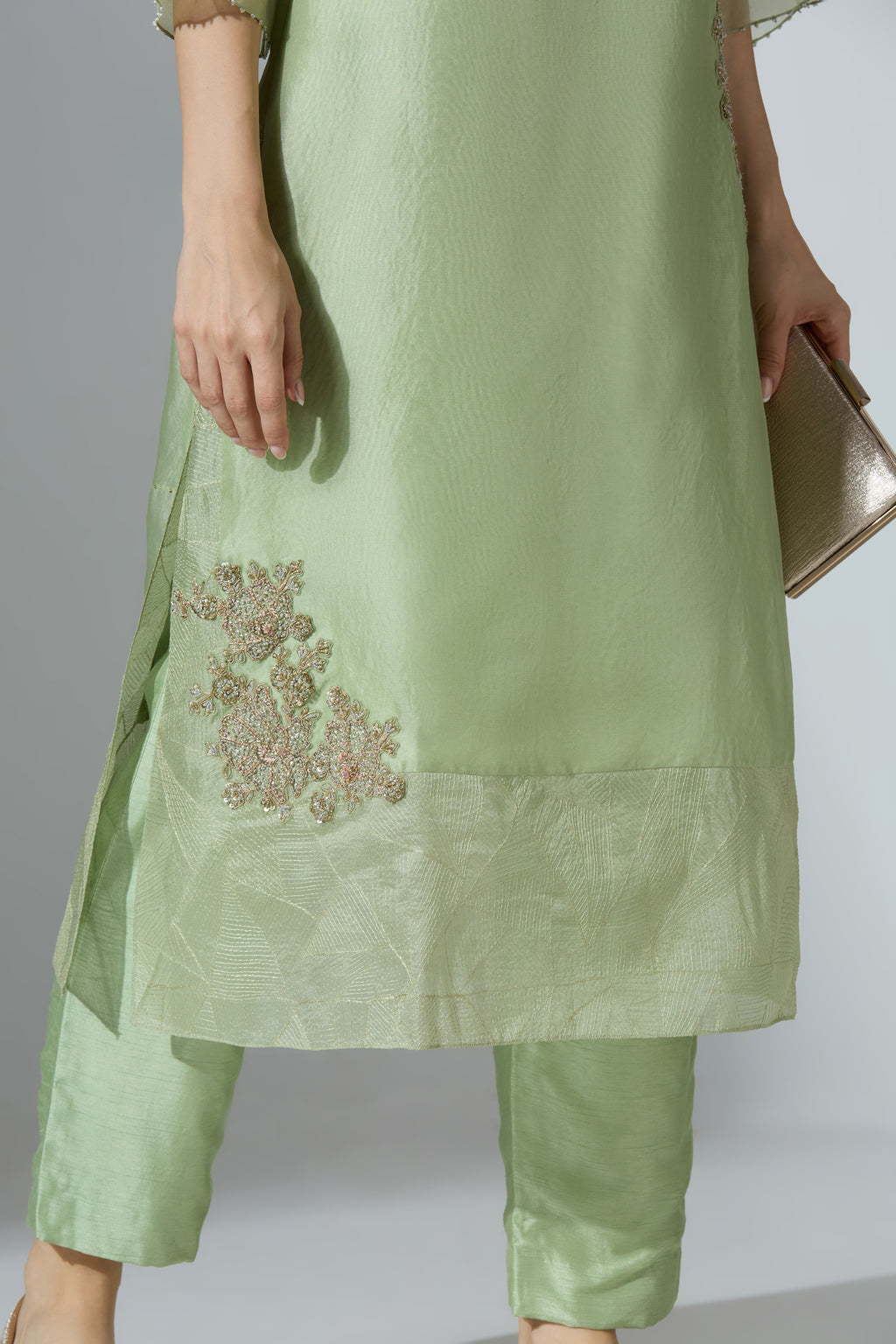 Green Extended Ghera Organza Kurta Set With Pant