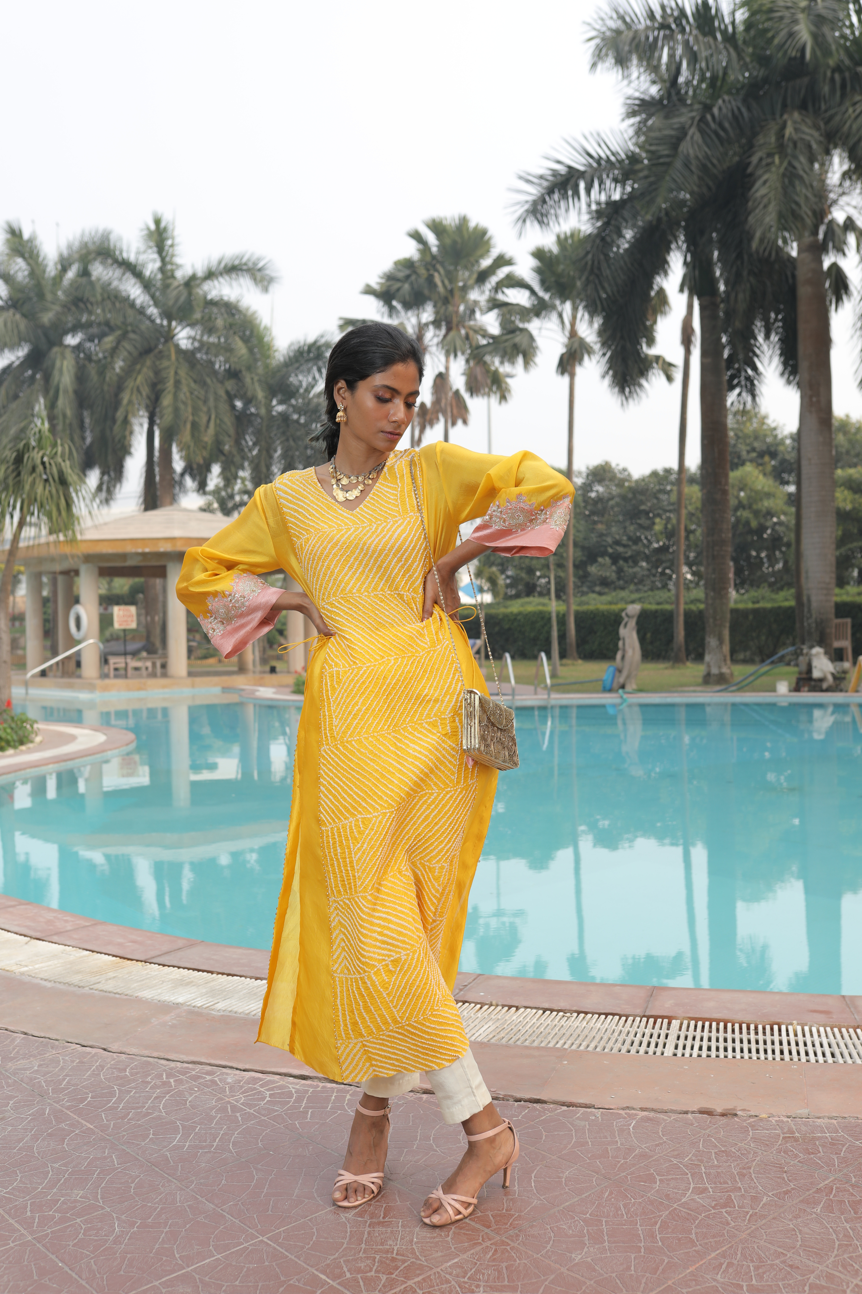 Yellow Bandhej Kurta With Pant