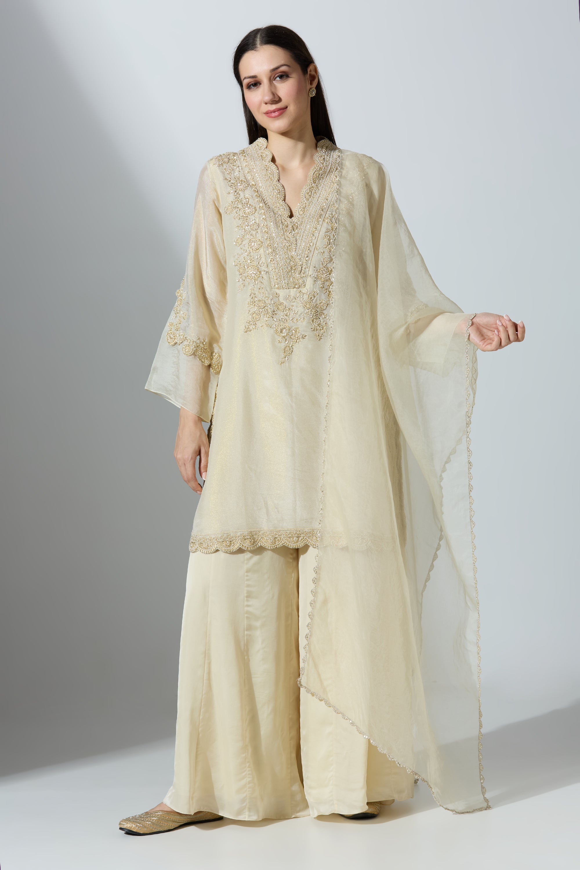 Beige Tissue Kurta Set With Pant and Dupatta
