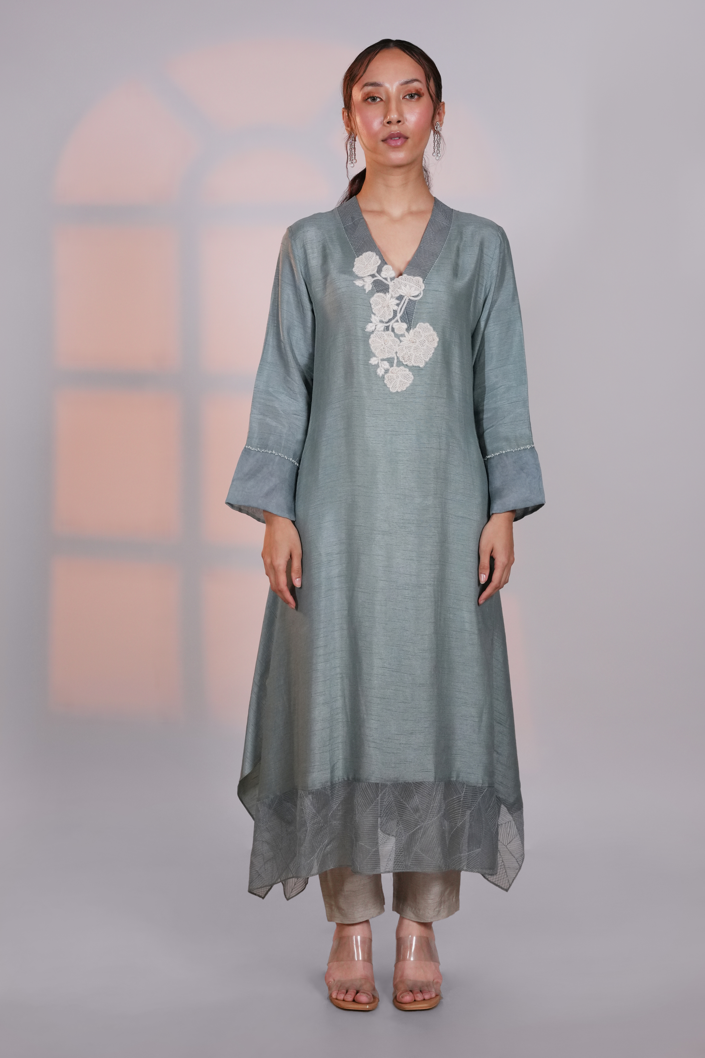 Grey Asymmetric Silk Kurta