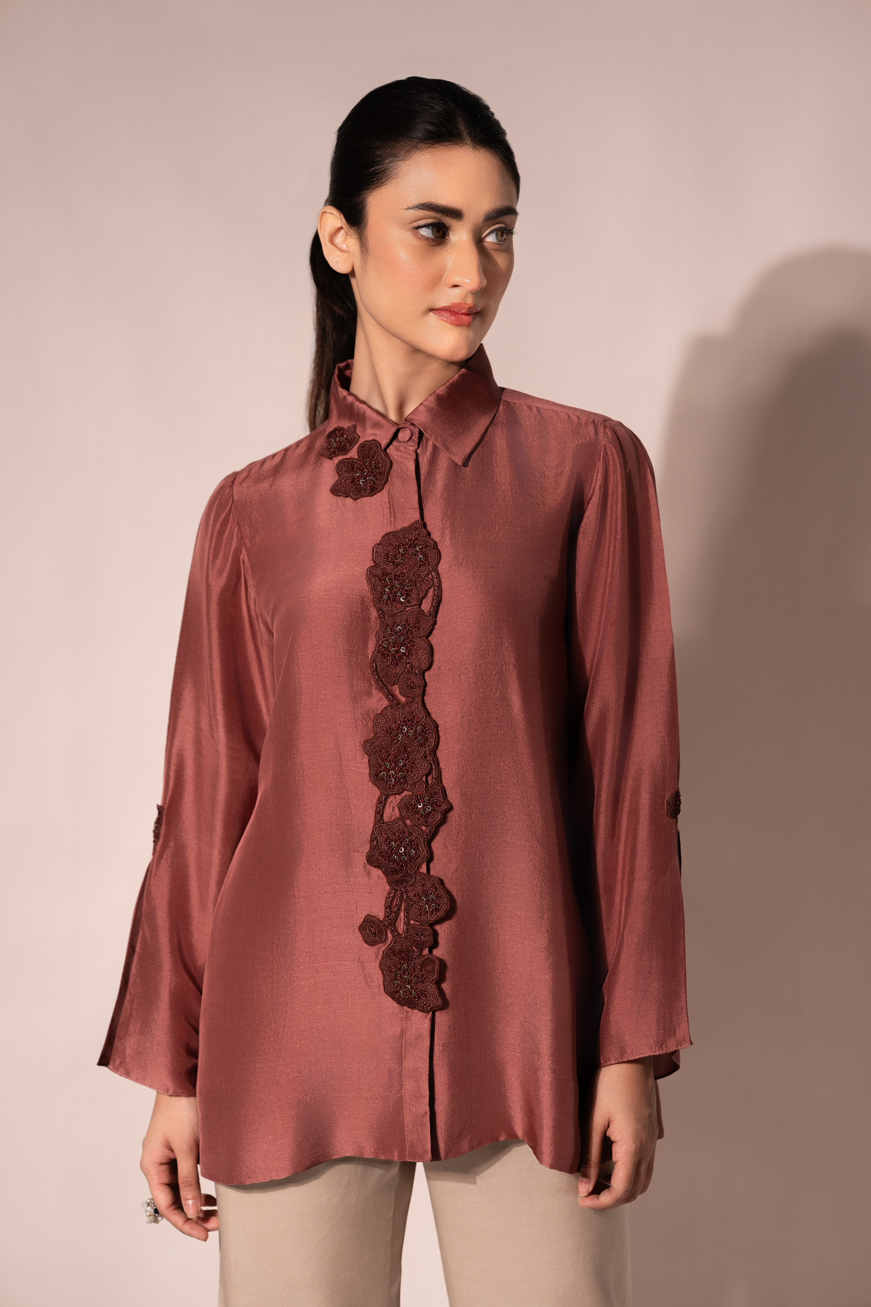 Jewel Front Placket Silk Shirt