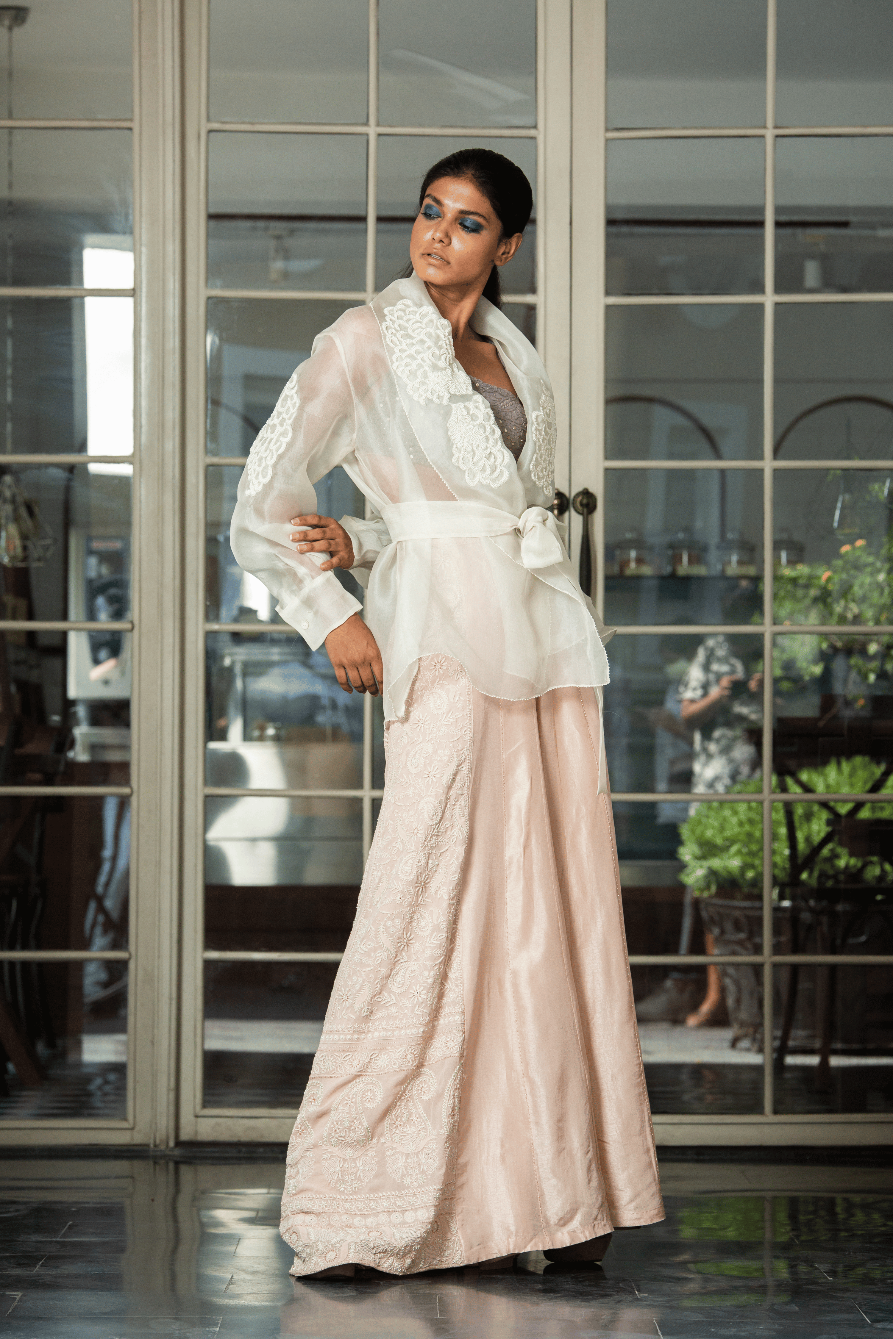 White Chikan Pant With Bustier and Jacket