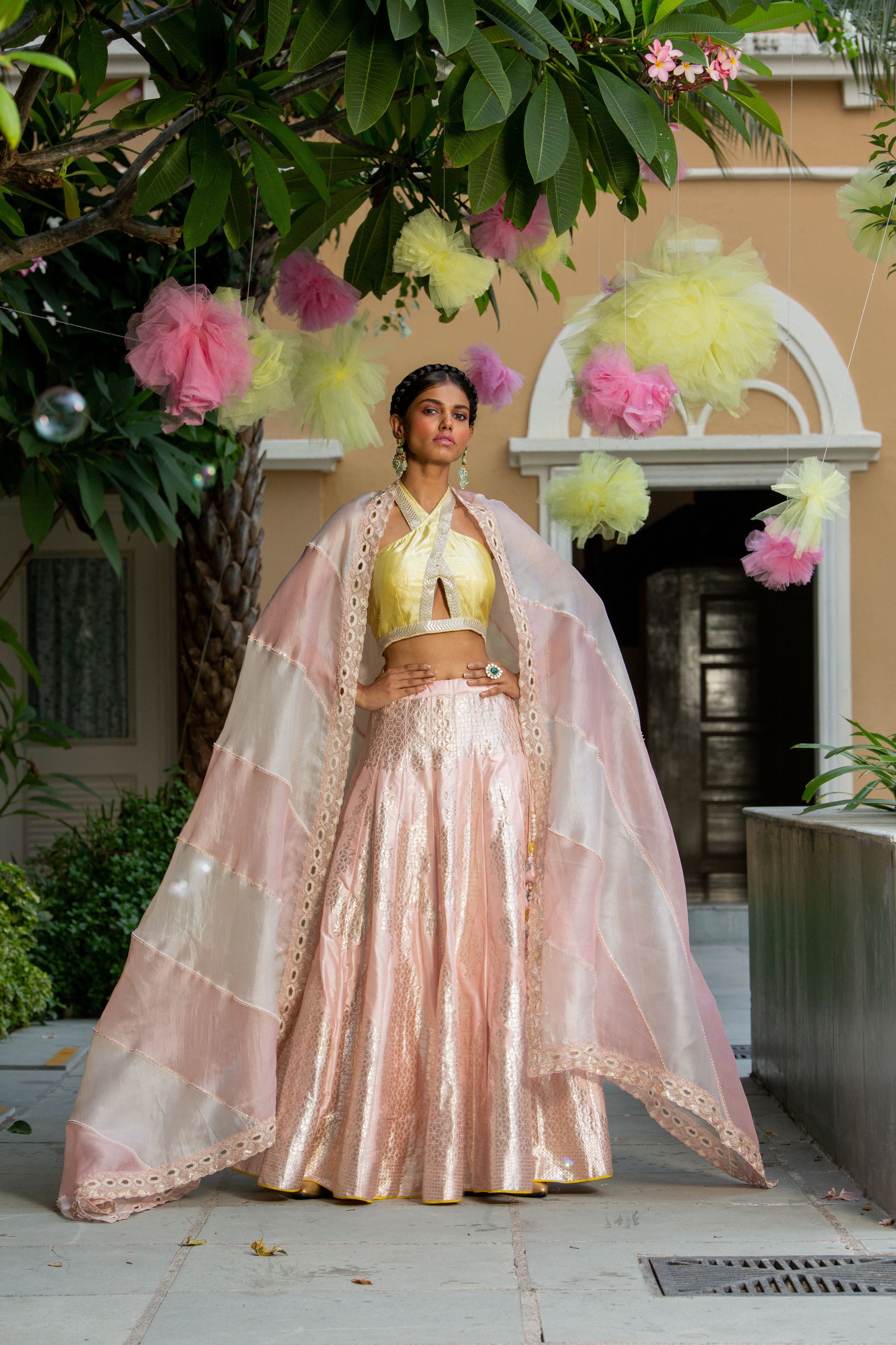 Pink Brocade Skirt With Blouse and Dupatta